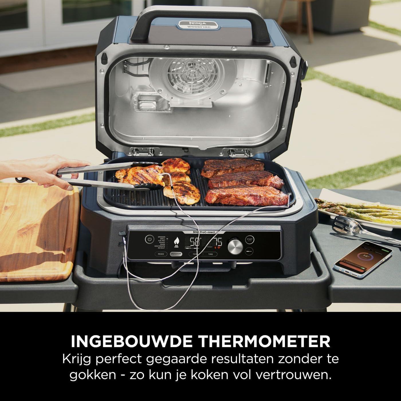 Ninja Woodfire Pro Connect XL Electric BBQ Grill & Smoker with App Control, Digital Sensor, Large 7-in-1 Grill & Air Fryer with Wood Fire Pellets, Weatherproof, Black OG901EU