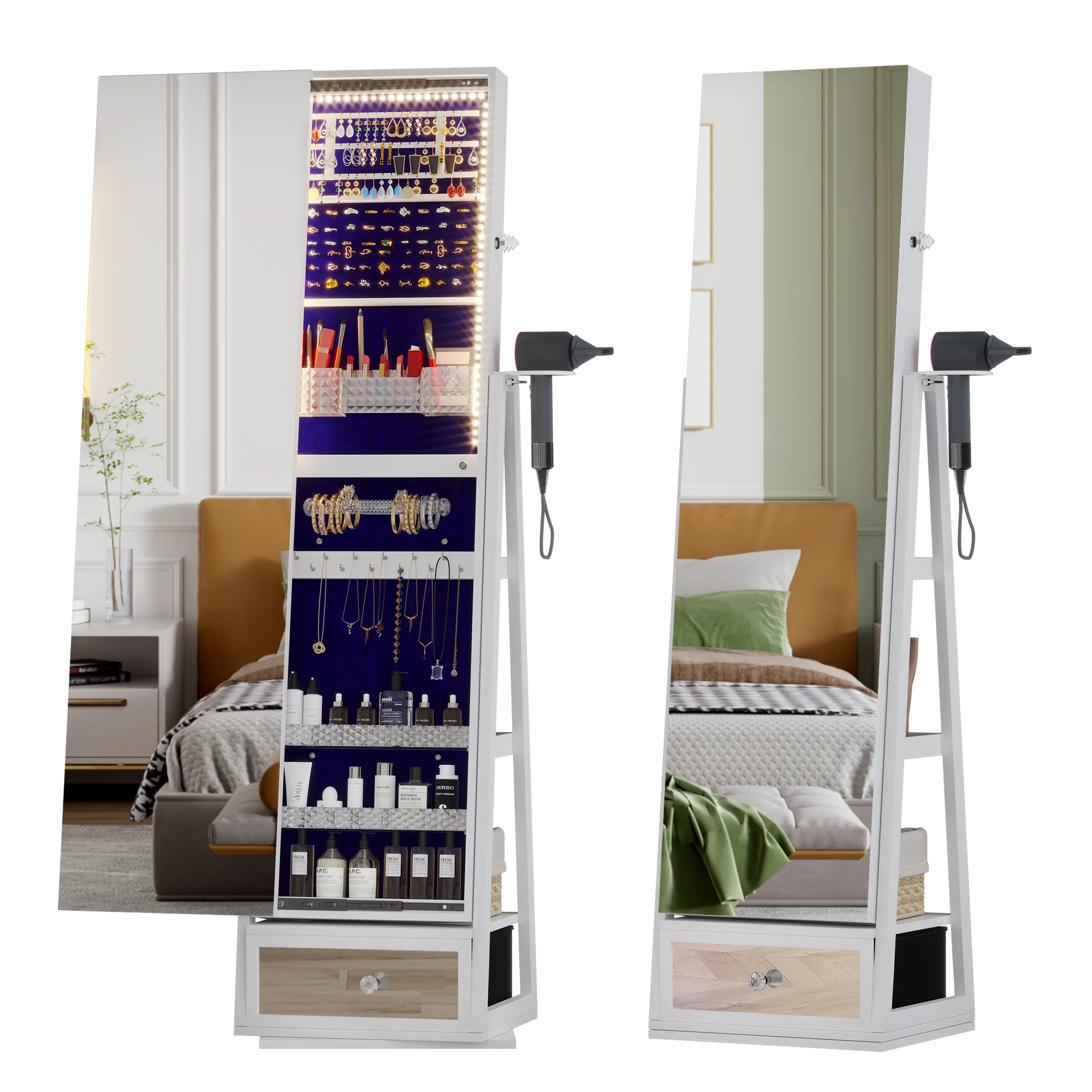 LVSOMT 360�� Draaibare Sieradendoos met Verlichting, Staande Sieradenorganizer met Slot, Spiegel over de Hele Lengte en Sieradenopbergkast, Wit