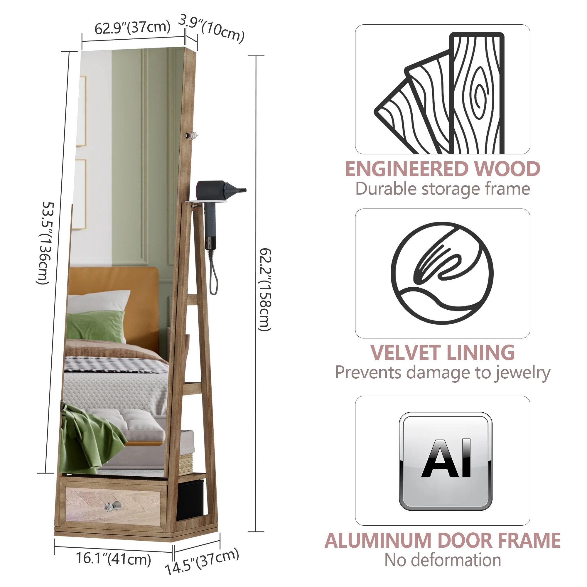 360�� Sieradekast met Spiegel, LED-verlichting en Slot �C Bruine Kleur