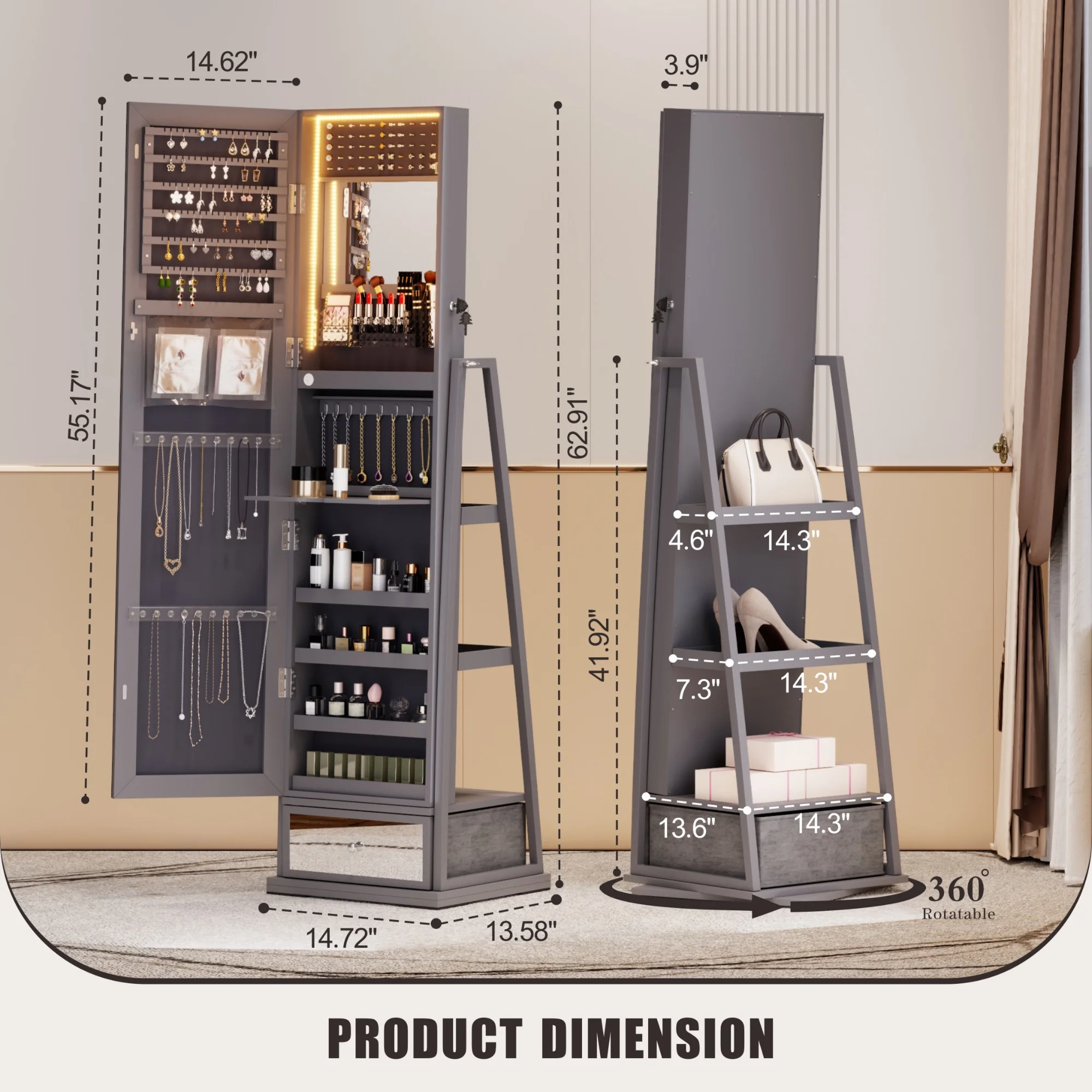 FREDEES Sieradendoos met Spiegel en Verlichting, Houten Organizer met Spiegel over de Hele Lengte voor Vrouwen, Grijs