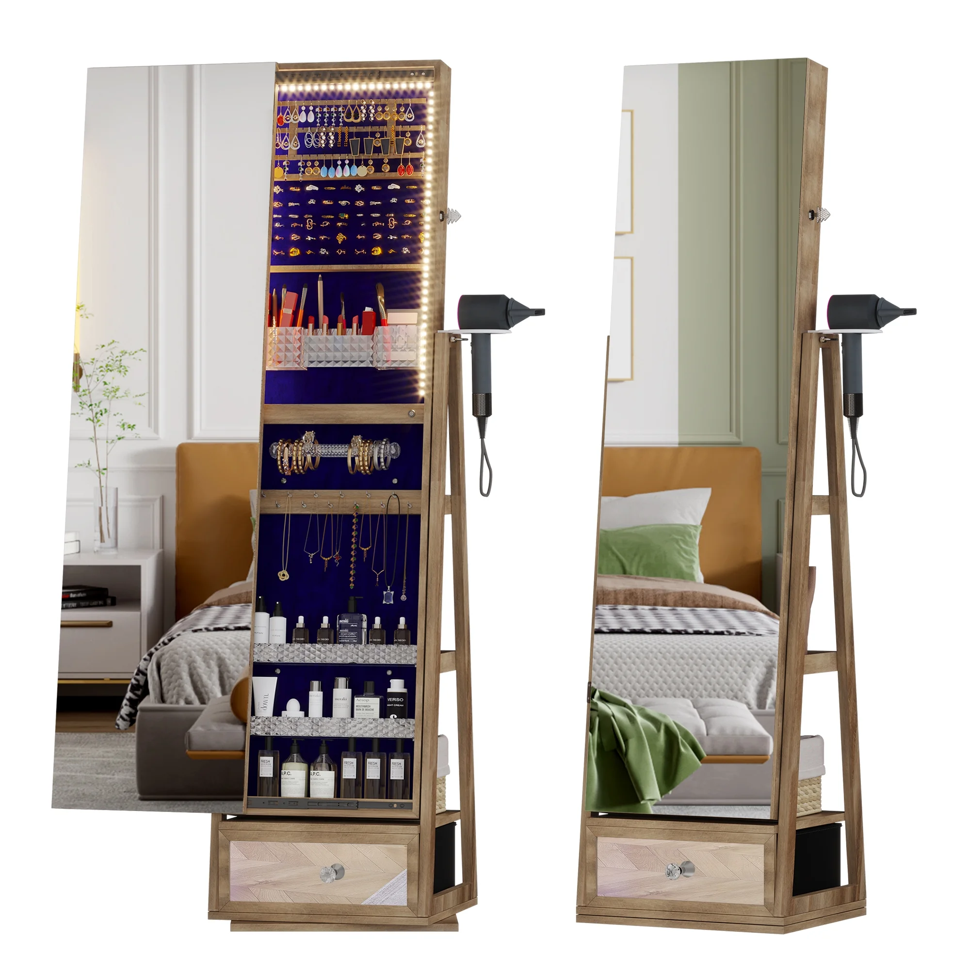 360�� Sieradekast met Spiegel, LED-verlichting en Slot �C Bruine Kleur