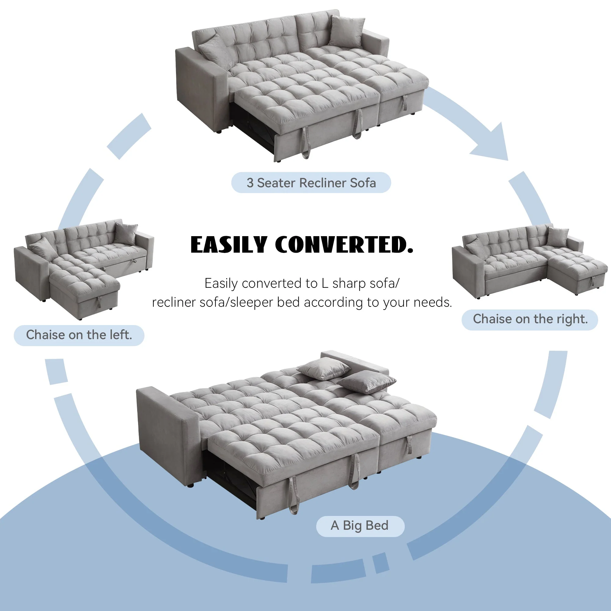 2025 Luxe Velvet Hoekbedbank met Kussen | Rechthoekige Chaise, Uittrekbaar Bed en Opbergruimte �C SKU: BT2480B