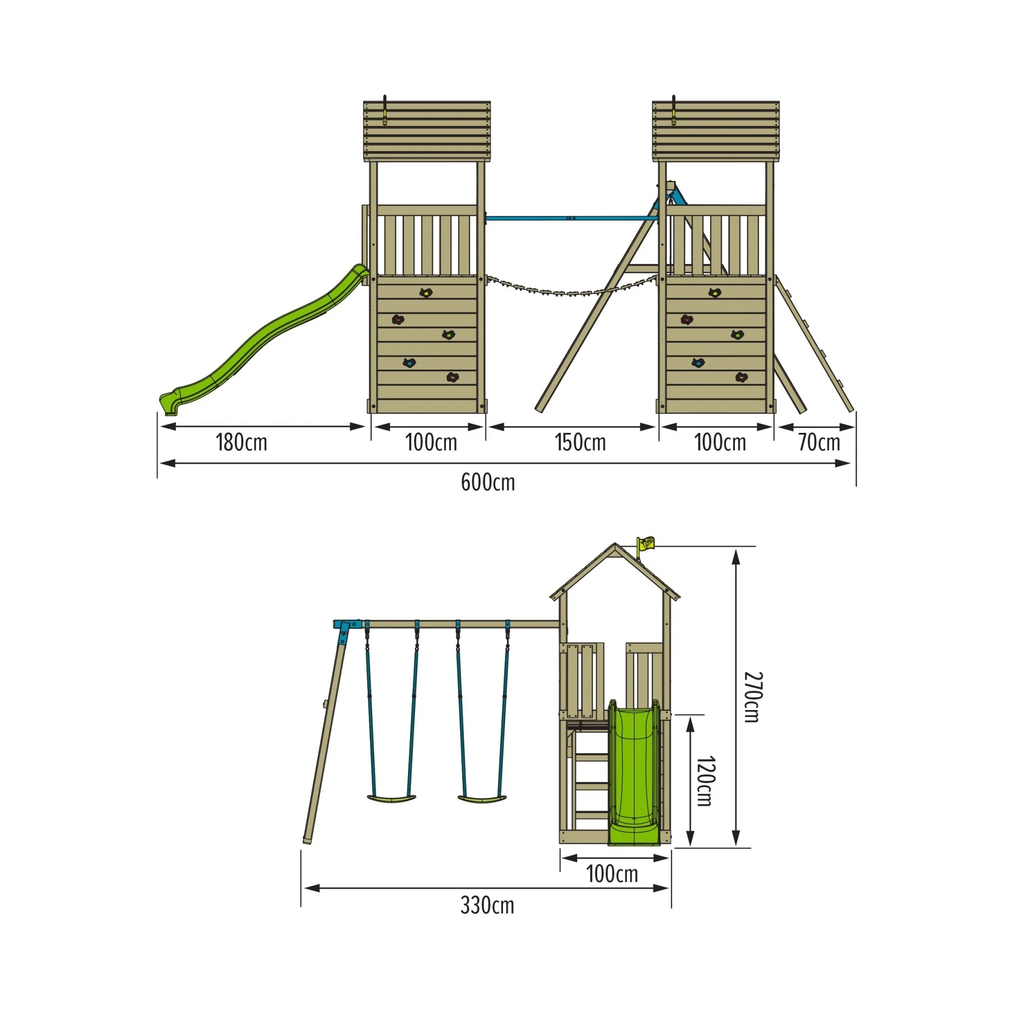TP Skywood Klimtoren van Hout met Ripple Glijbaan, Sky Brug, Extra Speeltoren en Dubbele Schommelarm - FSC? Gecertificeerd