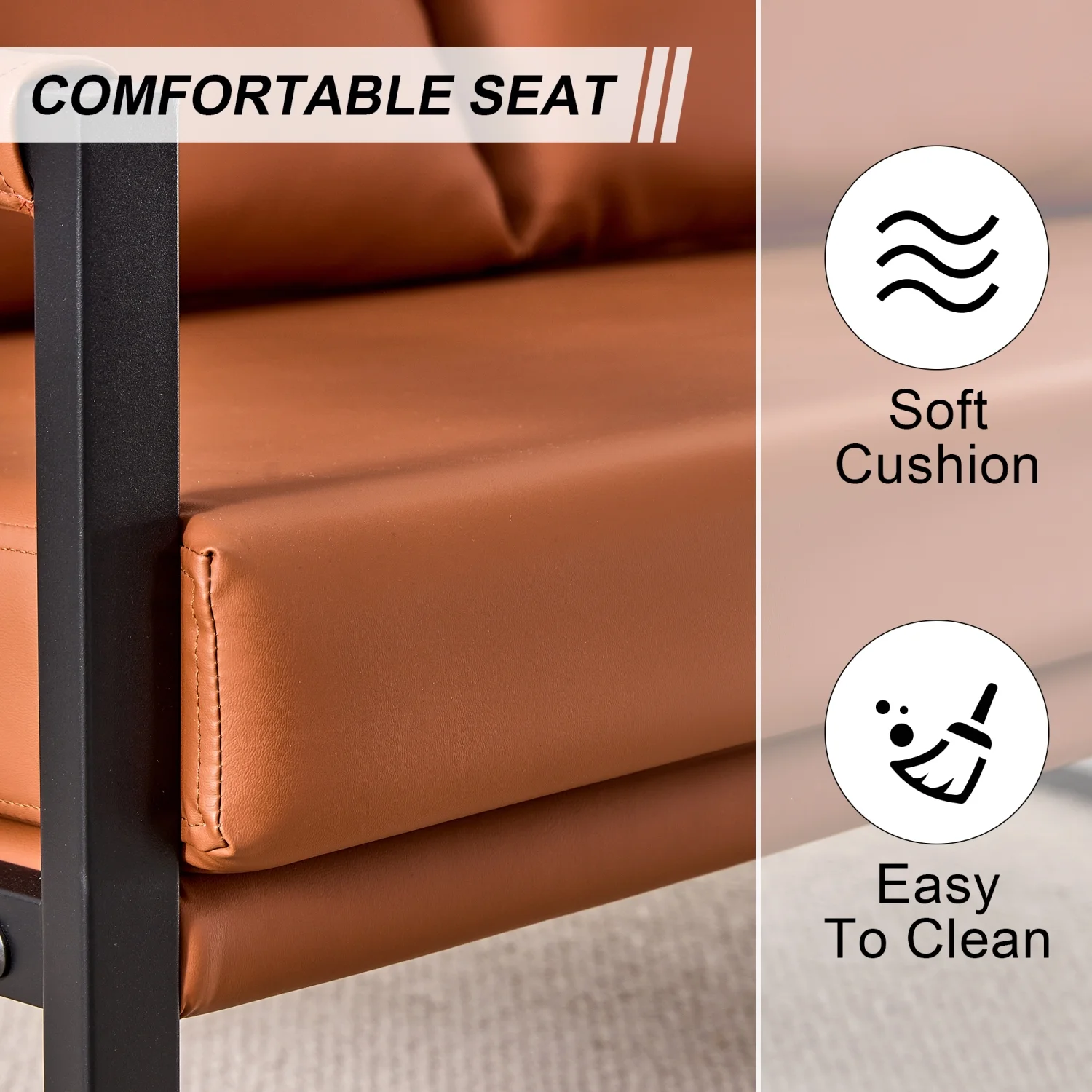 Moderne tweezitsbank met 2 kussens �C Kunstleer, schuim met hoge dichtheid, zwart gelakte metalen frame. Kleur: bruin