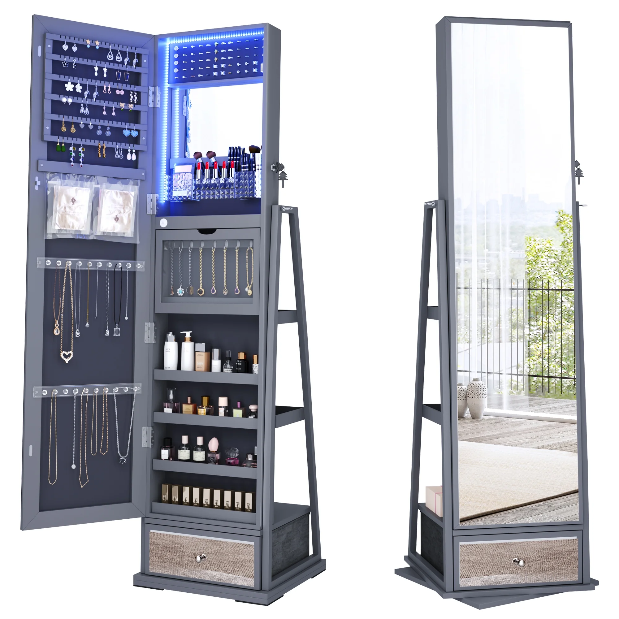 FREDEES Sieradendoos met Spiegel en Verlichting, Houten Organizer met Spiegel over de Hele Lengte voor Vrouwen, Grijs