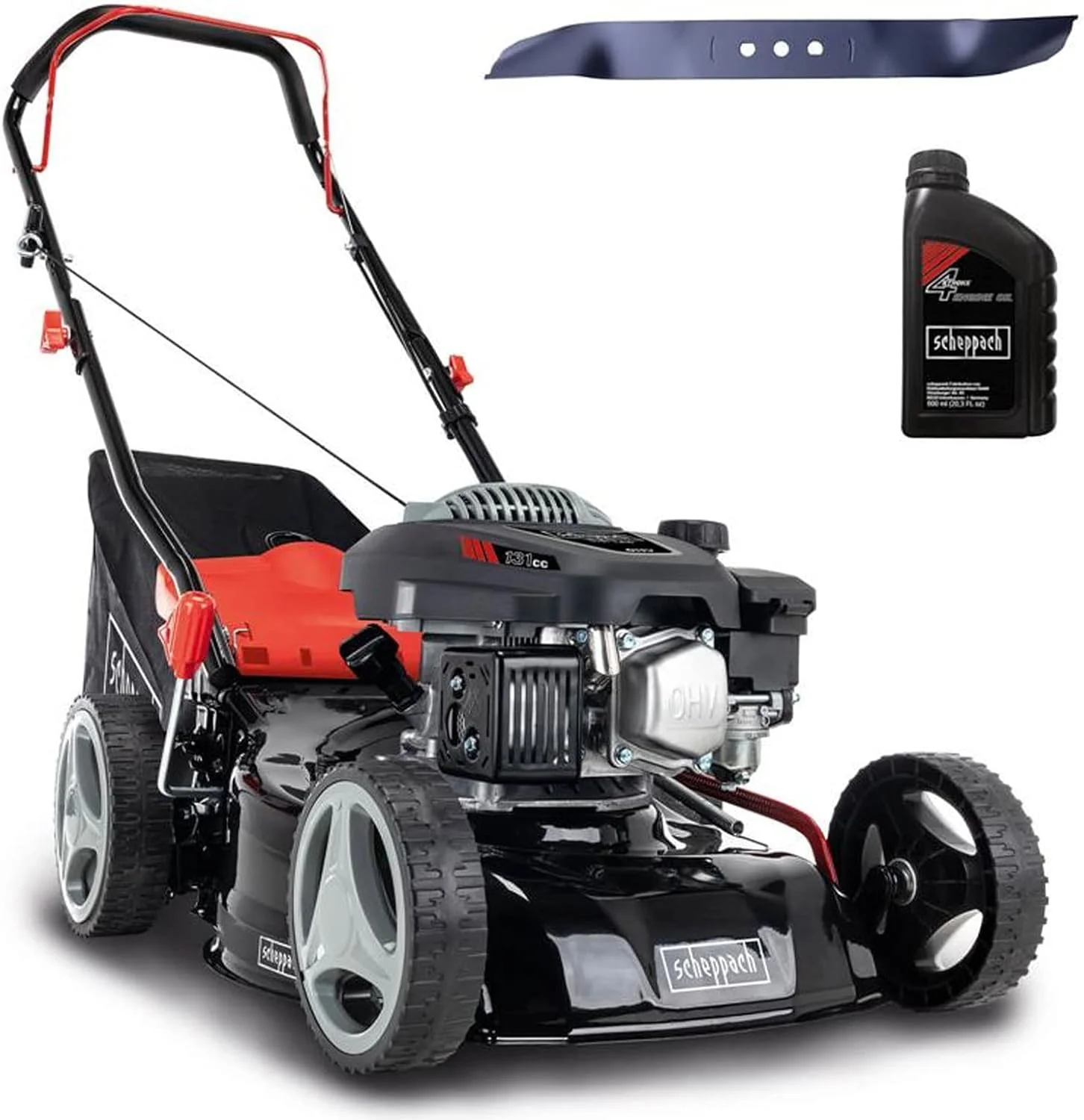 2025 Scheppach Grasmaaier RM420 | 3in1 - 3,4 PK | Snijbreedte 420 mm | 45L Grasopvangbak | Maaihoogte Verstelling 25-75 mm | Inclusief Motorolie & Reserve Mes