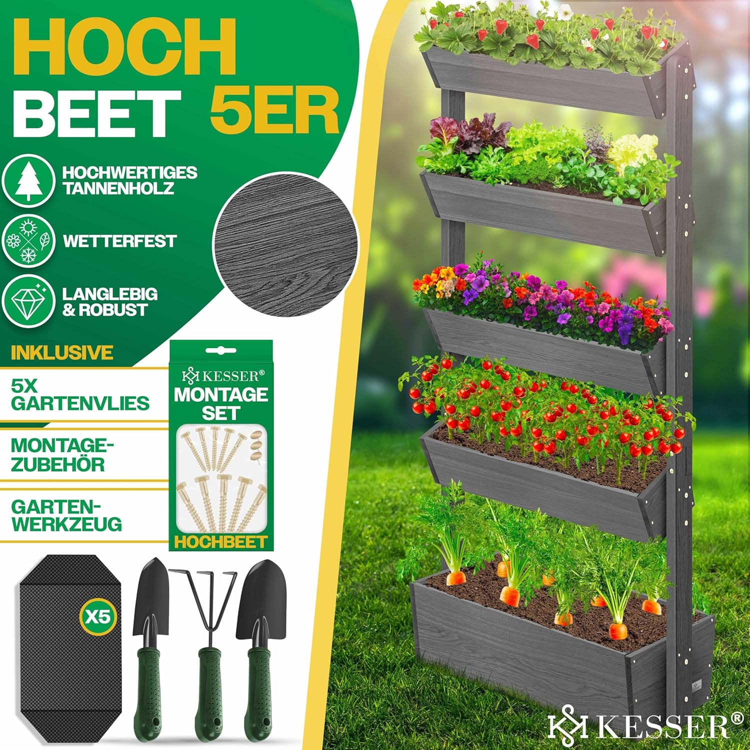 KESSER  Plant Staircase Herbs Flowers in Stair Shape Herb Garden Flower Boxes Including Root Cloth Bed for Plants for Patio, Balcony and Garden (5 Shelves, Brown)