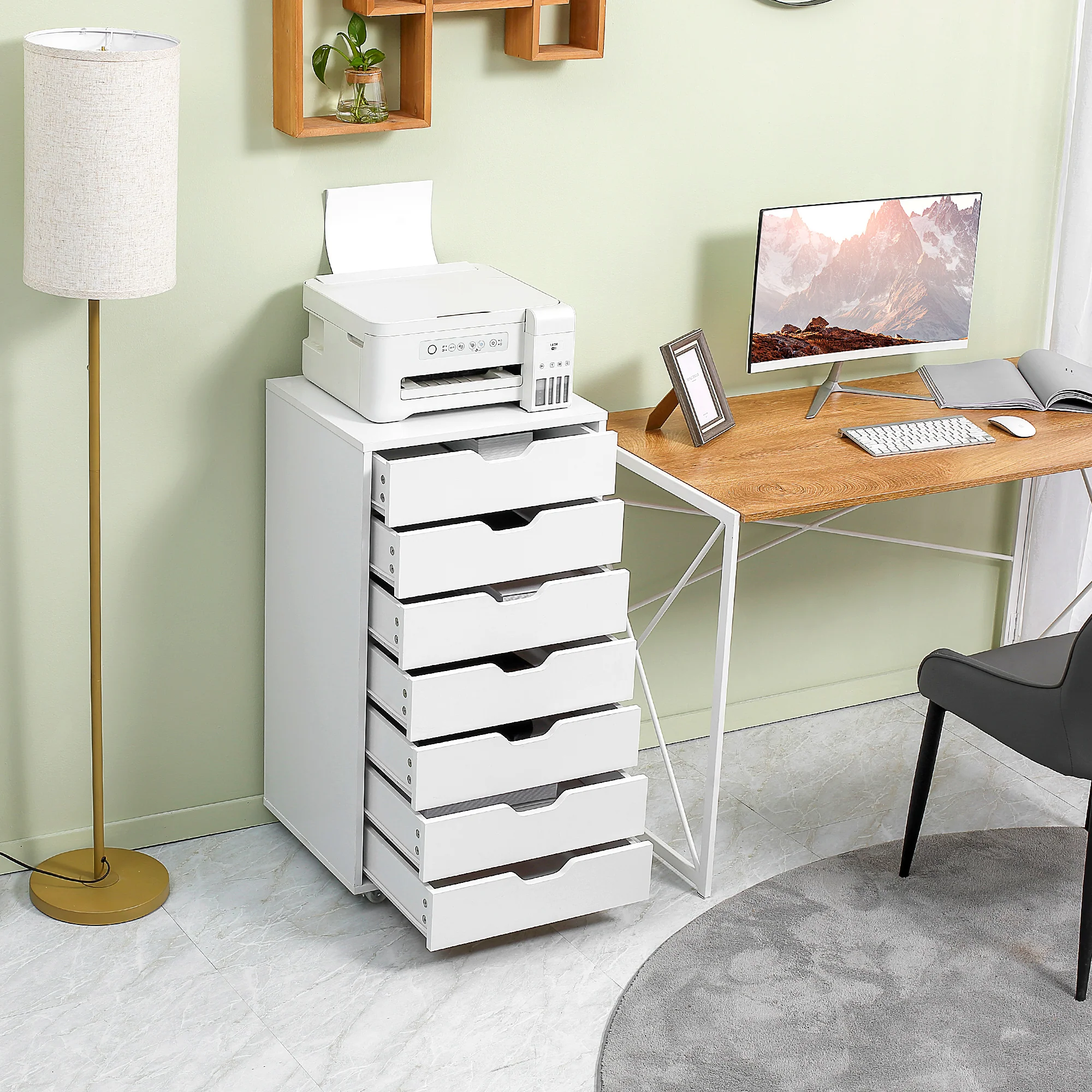 Verticale Archiefkast met 7 Lades, Mobiele Kantoorkast op Wieltjes voor Studie of Kantoor, Wit