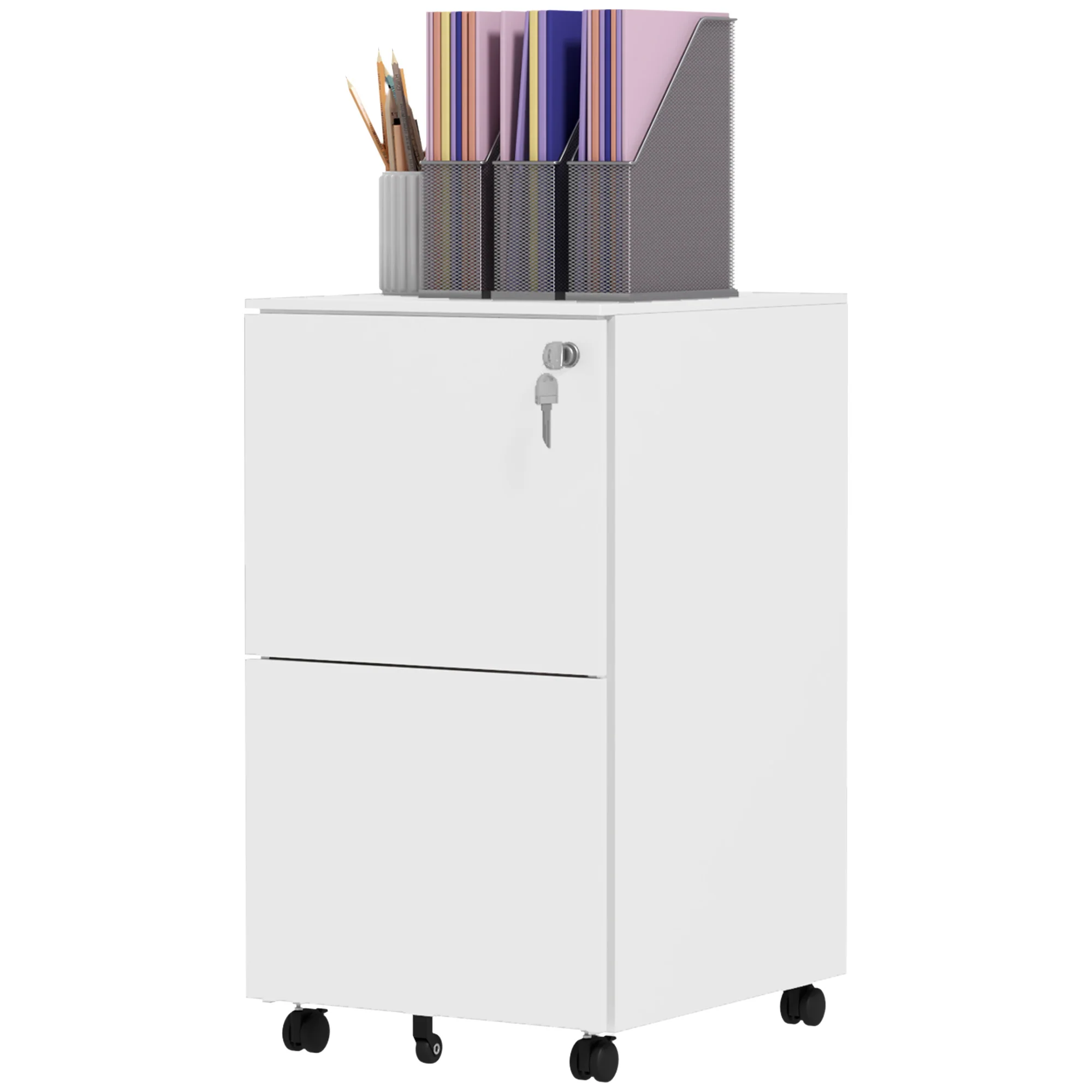 Mobiele stalen archiefkast met 2 laden en slot, lage bureaula, wit