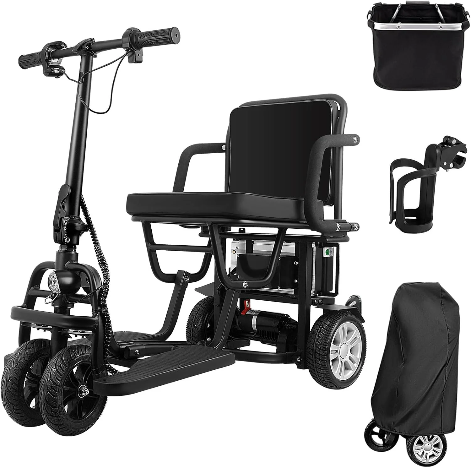 2025 WISGING opvouwbare mobiliteitsscooter voor volwassenen �C Geen demontage nodig, draagbare reisscooter met 25 km bereik, inclusief mand, bekerhouder en afdekhoes