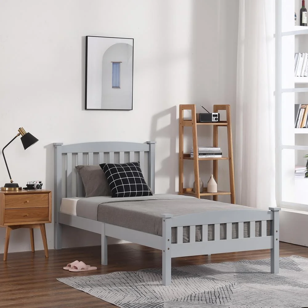 Ktaxon Verticaal Houten Bedframe voor Slaapkamer met Hoofdbord en Voetbord, Grijs, Eenpersoonsmaat