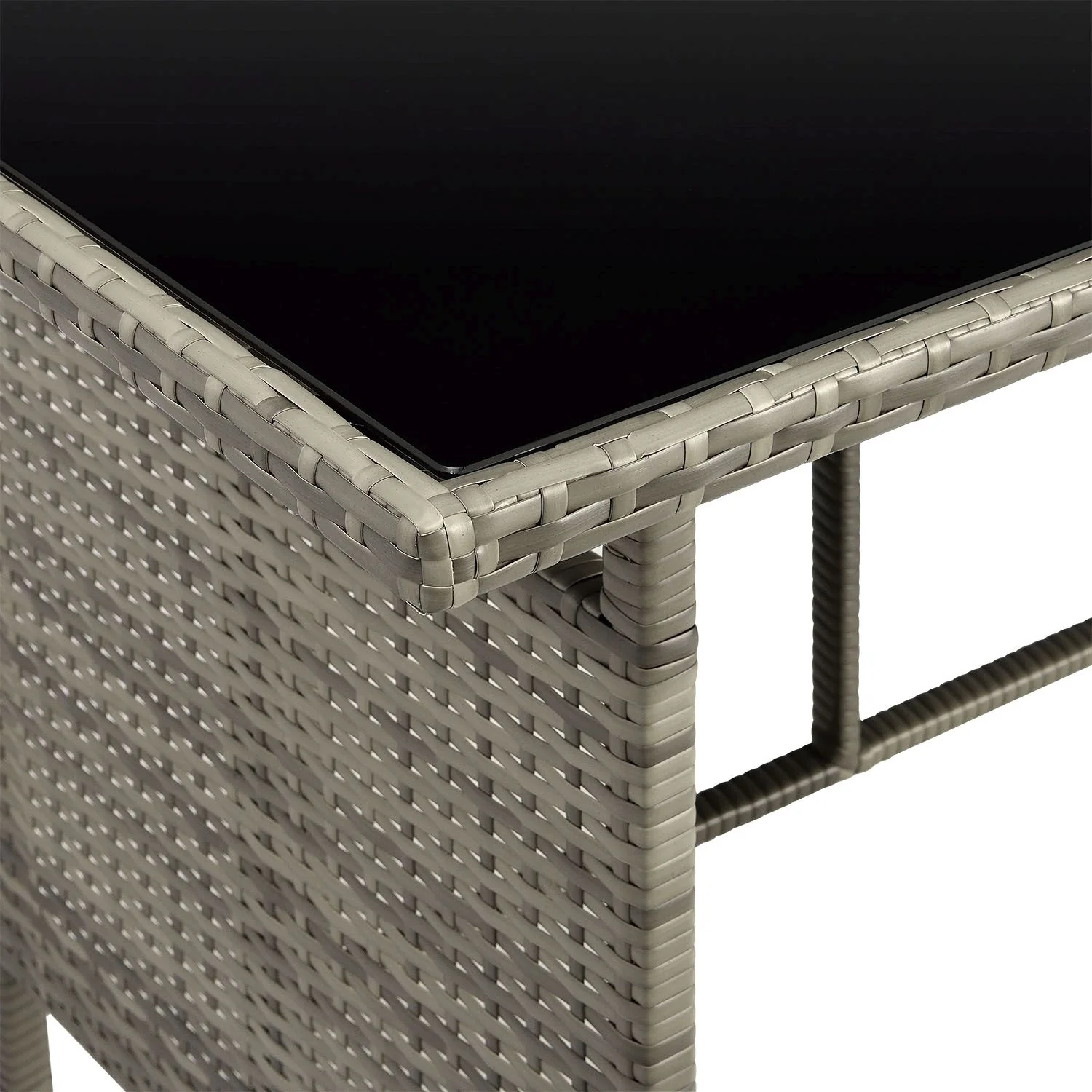 2025 Stijlvolle zwarte Polyrattan lounge Manacor met tafel, 2 krukken en donkergrijze hoezen