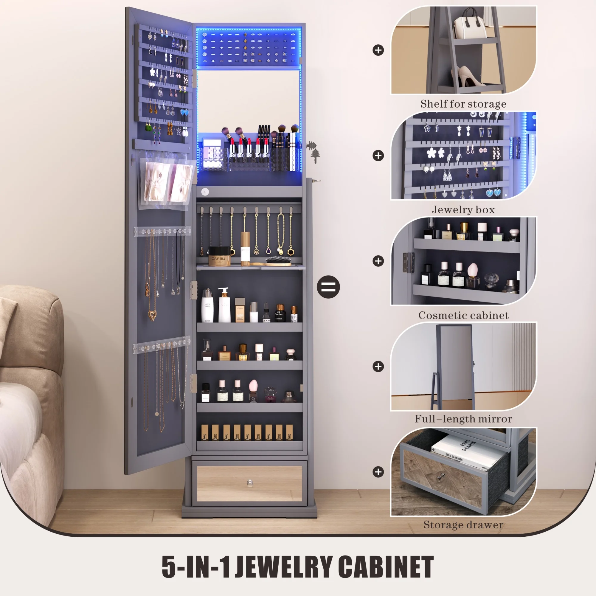 FREDEES Sieradendoos met Spiegel en Verlichting, Houten Organizer met Spiegel over de Hele Lengte voor Vrouwen, Grijs