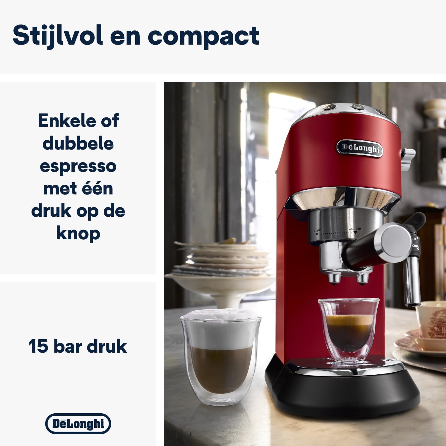 De'Longhi Dedica Style, Traditional Pump Printing Espresso Machine, Coffee and Cappuccino Maker, EC685M, Silver