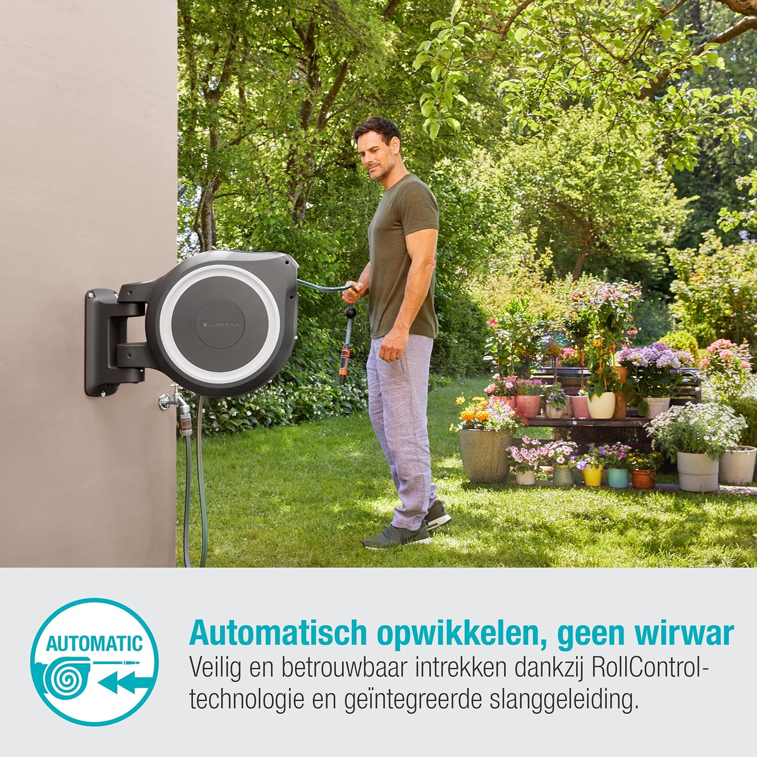 Gardena Wall-Mounted Hose Box RollUp M/L (White) 25 m: Flexible Watering for Medium to Large Gardens, Swivelling Hose Box, Includes 25 m Gardena Quality Hose and Mounting Tool (18622-20)
