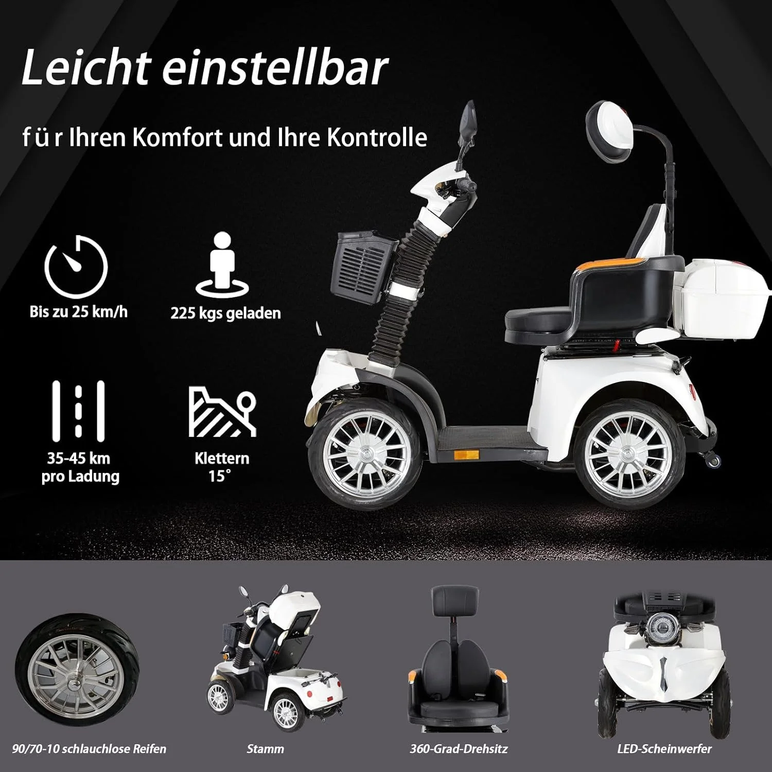 2025 ZVGREEN 4-wiel mobiliteitsscooter voor senioren �C Kapiteinsstoel, max. 15 km/u, ruime opbergruimte, draaibare stoel, elektromagnetische rem