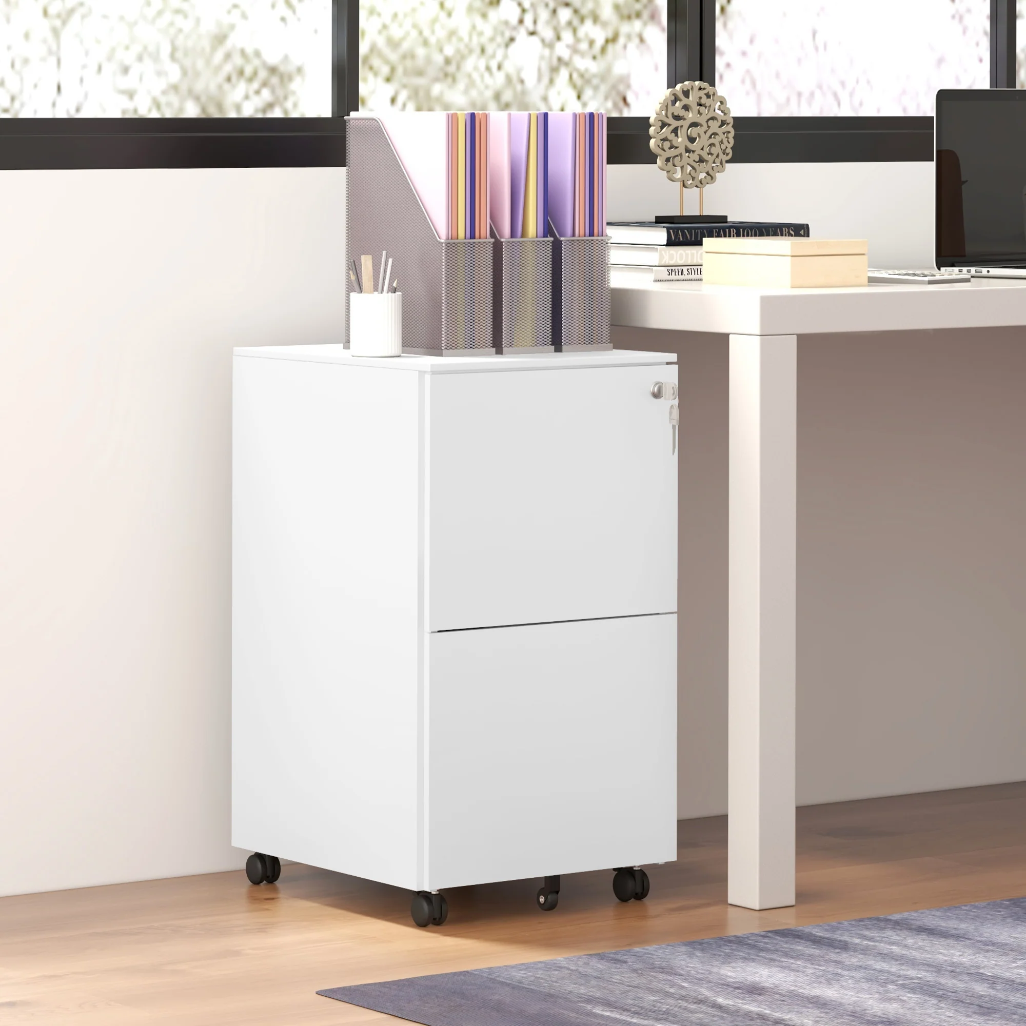 Mobiele stalen archiefkast met 2 laden en slot, lage bureaula, wit