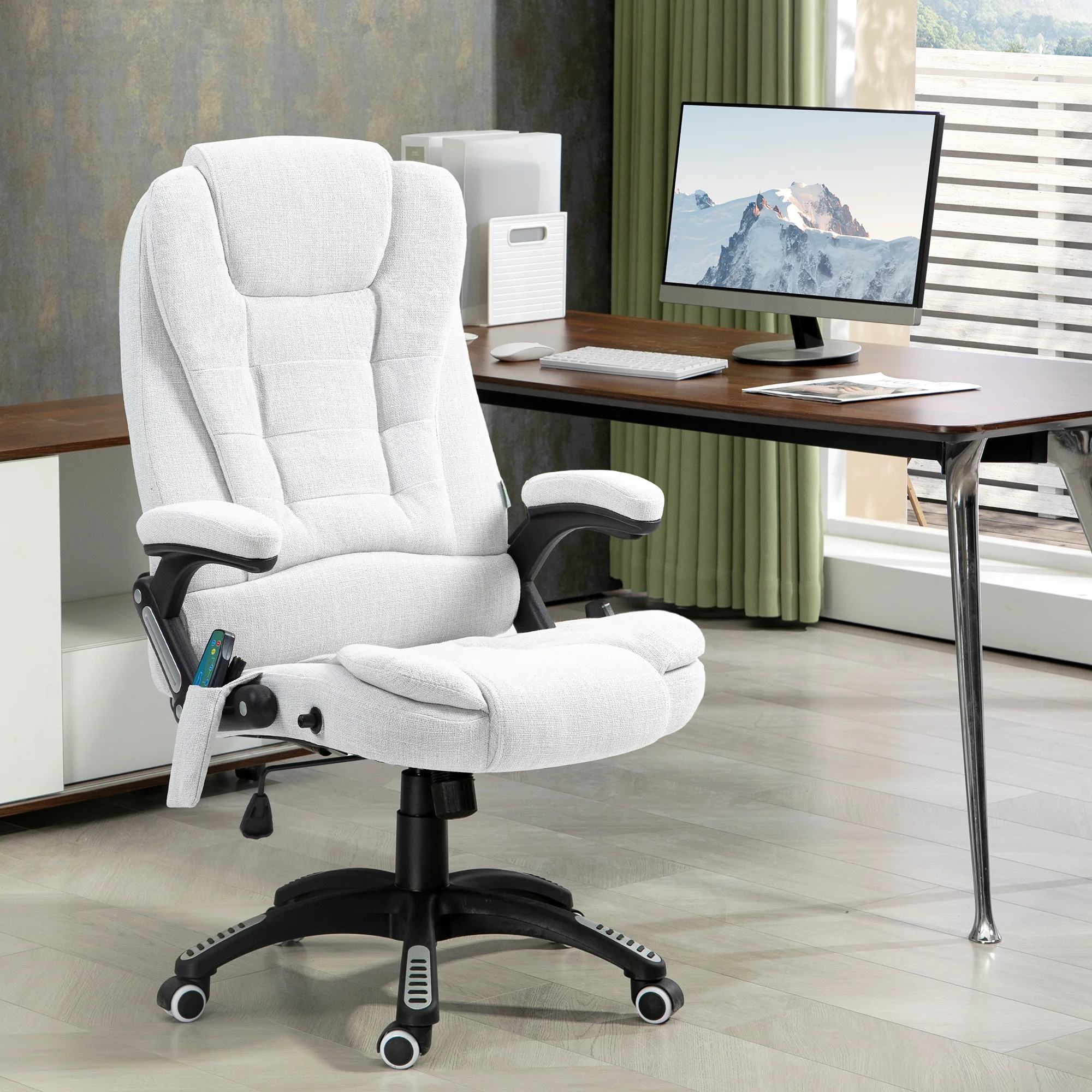 Ergonomische bureaustoel met 6-punts massage en rugverwarming, linnenlook stof, cr��me wit