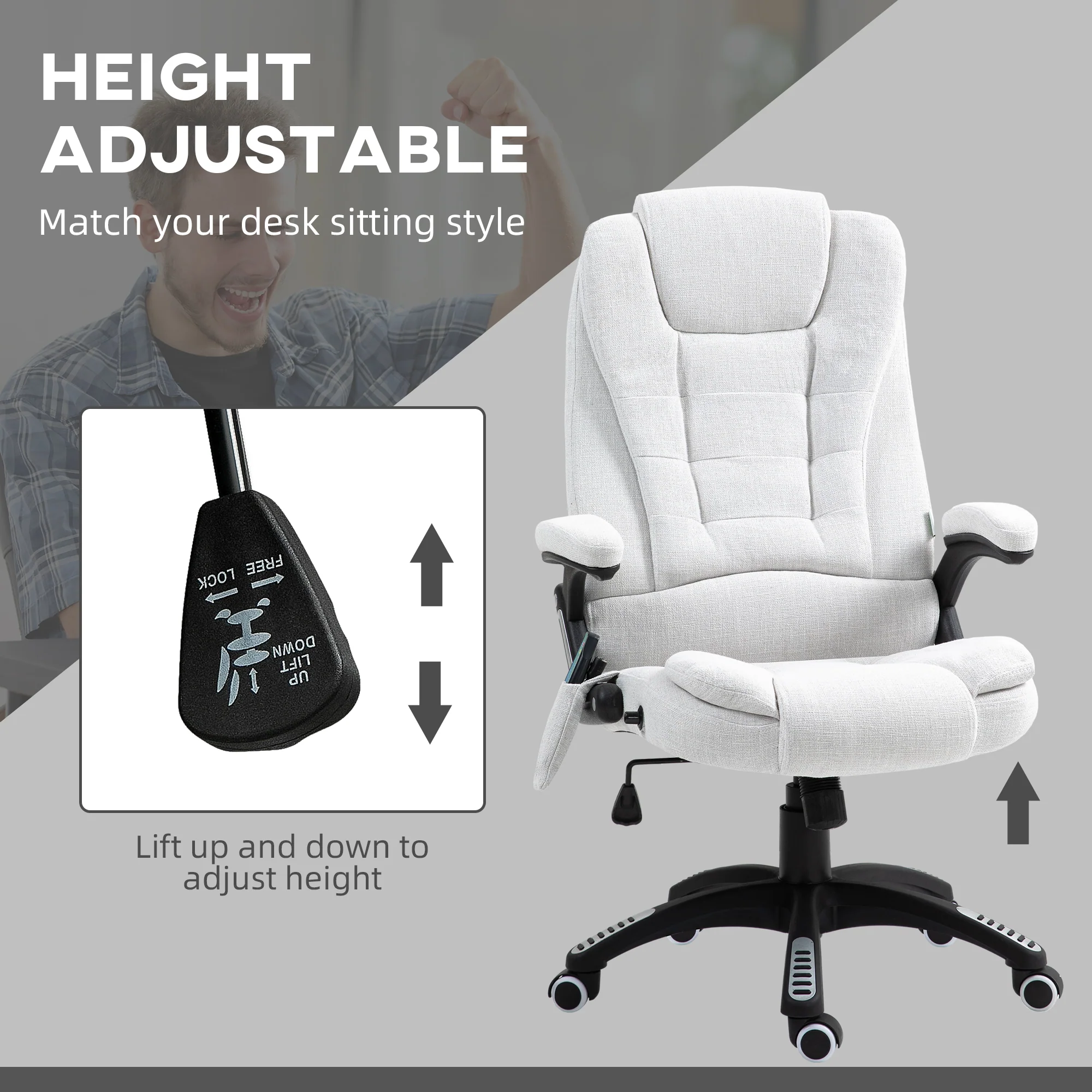 Ergonomische bureaustoel met 6-punts massage en rugverwarming, linnenlook stof, cr��me wit
