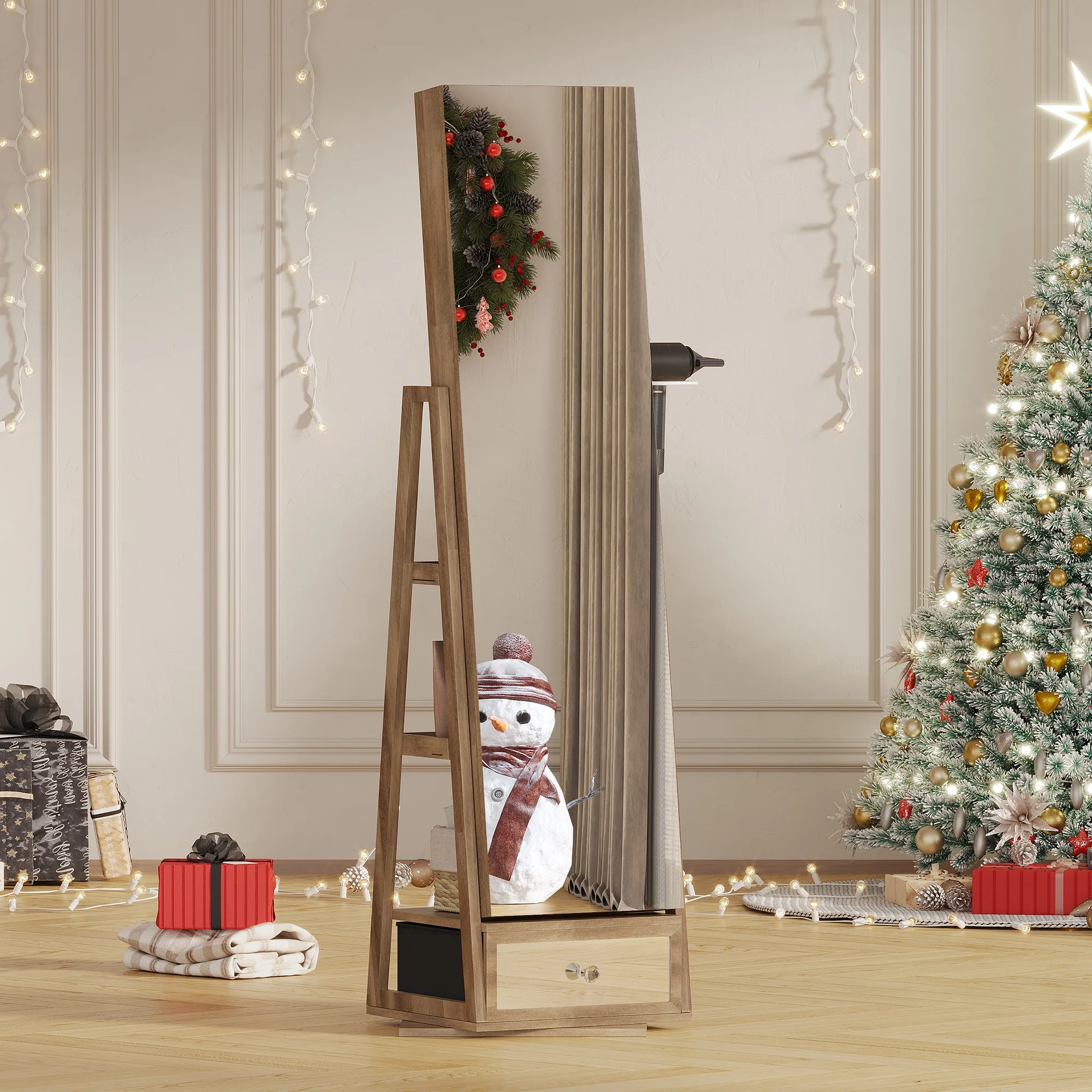 360�� Sieradekast met Spiegel, LED-verlichting en Slot �C Bruine Kleur