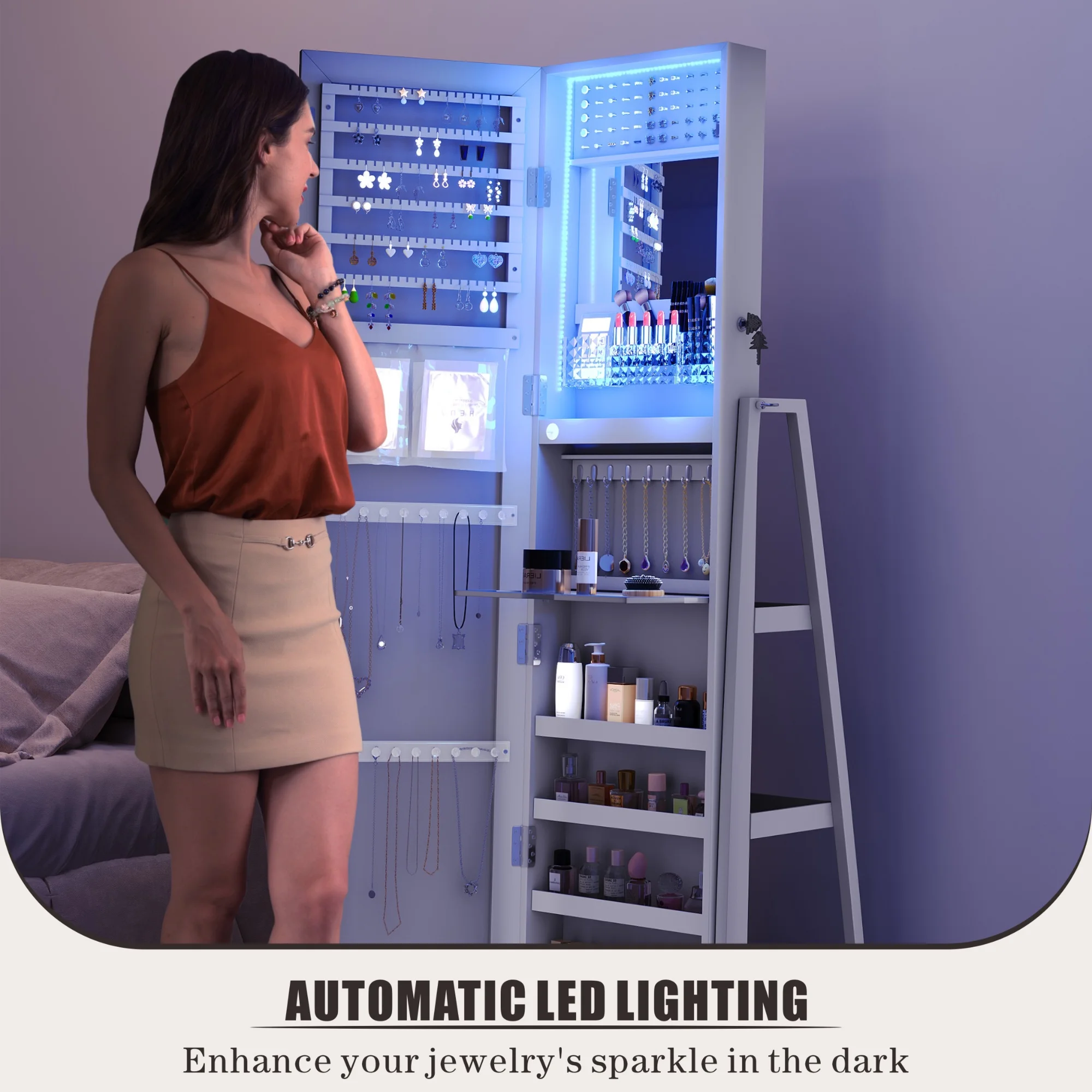 FREDEES Sieradendoos met Spiegel en Verlichting, Houten Organizer met Spiegel over de Hele Lengte voor Vrouwen, Grijs