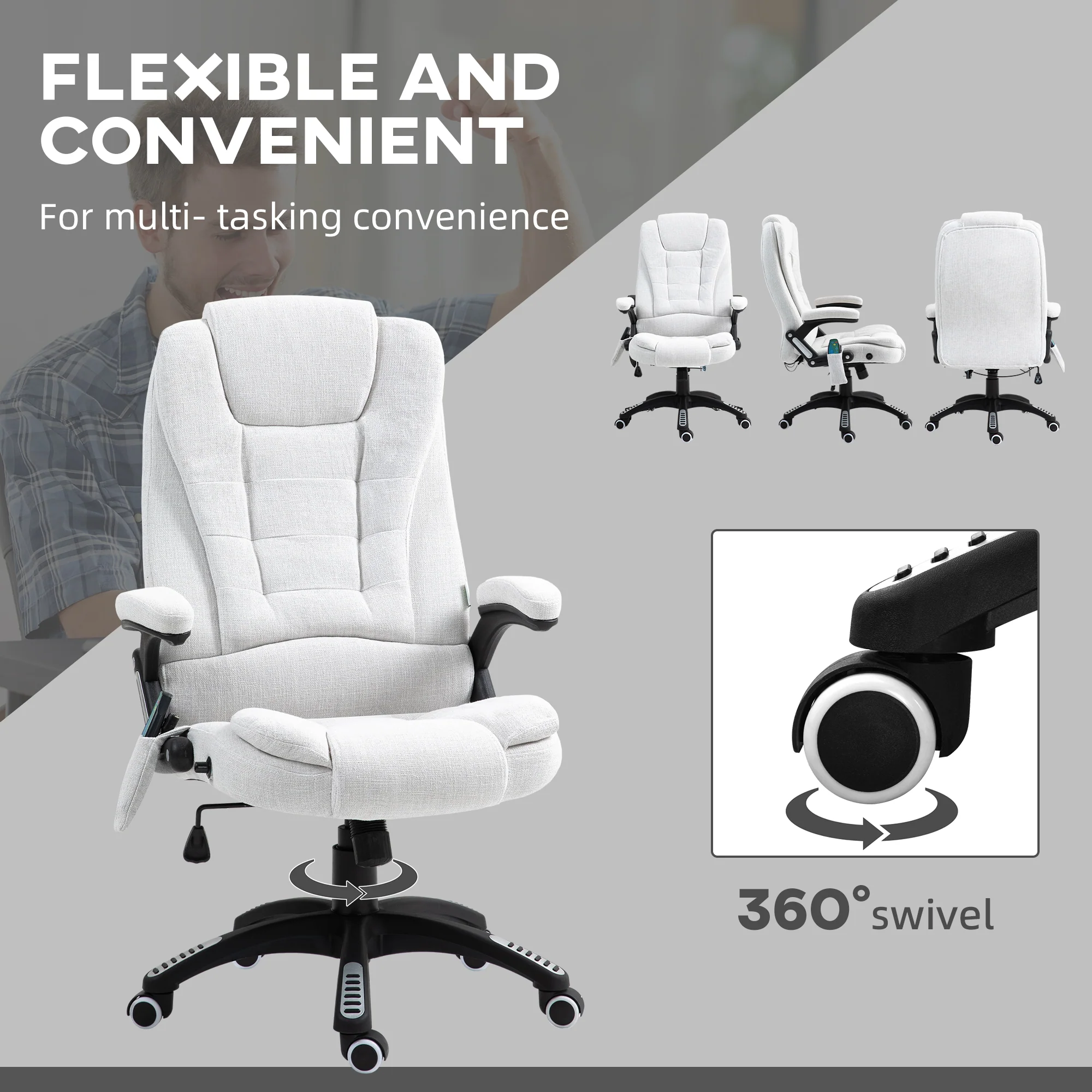 Ergonomische bureaustoel met 6-punts massage en rugverwarming, linnenlook stof, cr��me wit