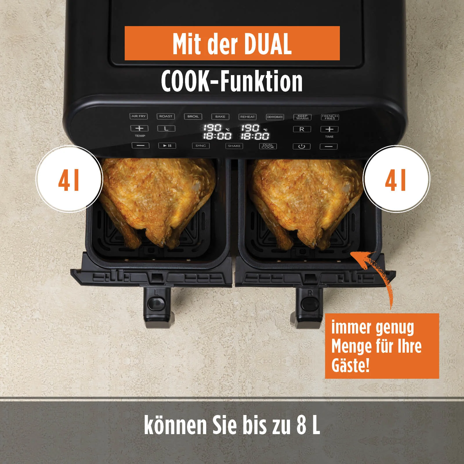 2025 Infinity PRO XXL Airfryer met dubbele manden, 1700 W, 8 L