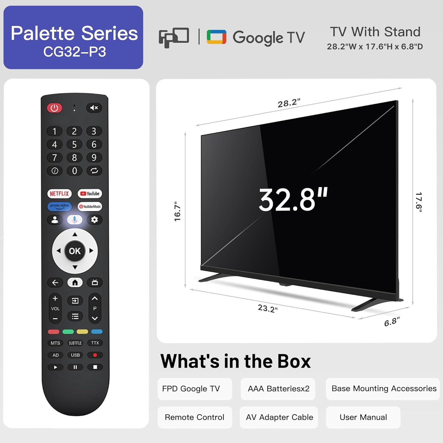 FPD 32 Inch Smart TV with Google TV HD 720P with Integrated Google Play and Google Cast HDR 10, Dolby Audio, Voice Control, D-Transmission, Black