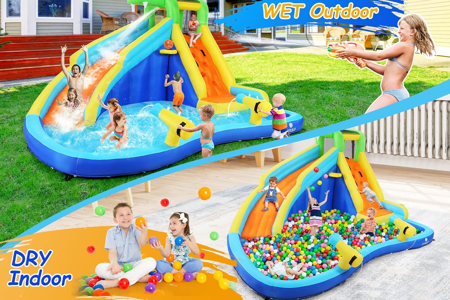Opblaasbare waterspeeltoestellen voor kinderen 8-in-1: Springkasteel waterpark met 450W blower, klimwand, pierenbadje, 2 waterspuitpistolen, basketbalring, glijbaan, krokodillensproeier �C ideaal als cadeau en voor tuinfeestjes