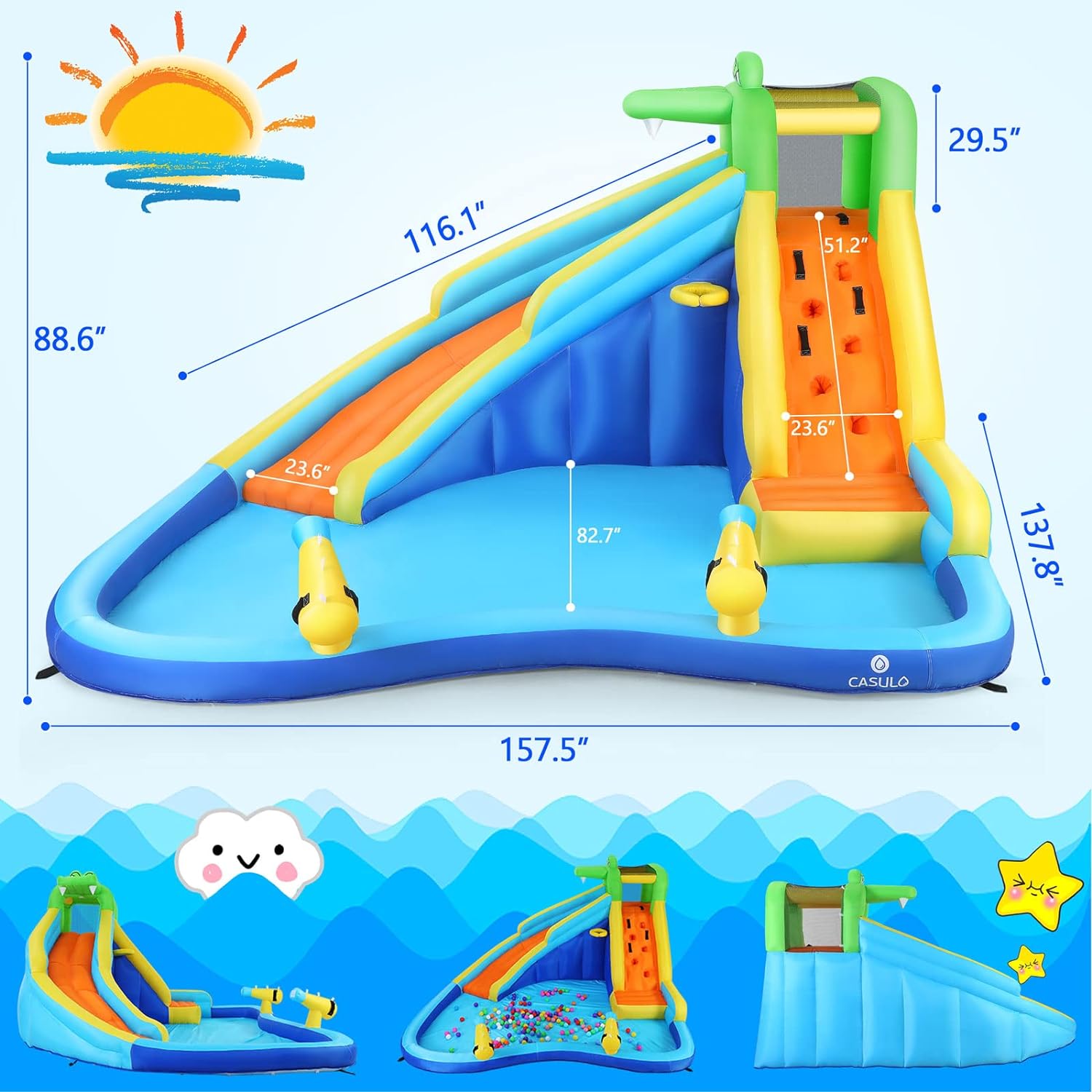 Opblaasbare waterspeeltoestellen voor kinderen 8-in-1: Springkasteel waterpark met 450W blower, klimwand, pierenbadje, 2 waterspuitpistolen, basketbalring, glijbaan, krokodillensproeier �C ideaal als cadeau en voor tuinfeestjes