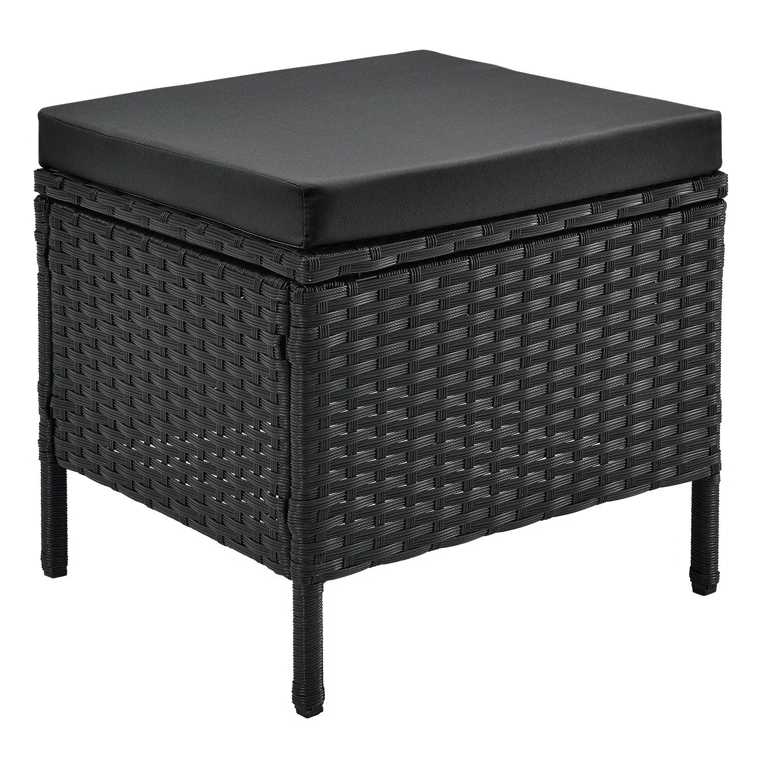 2025 Stijlvolle zwarte Polyrattan lounge Manacor met tafel, 2 krukken en donkergrijze hoezen