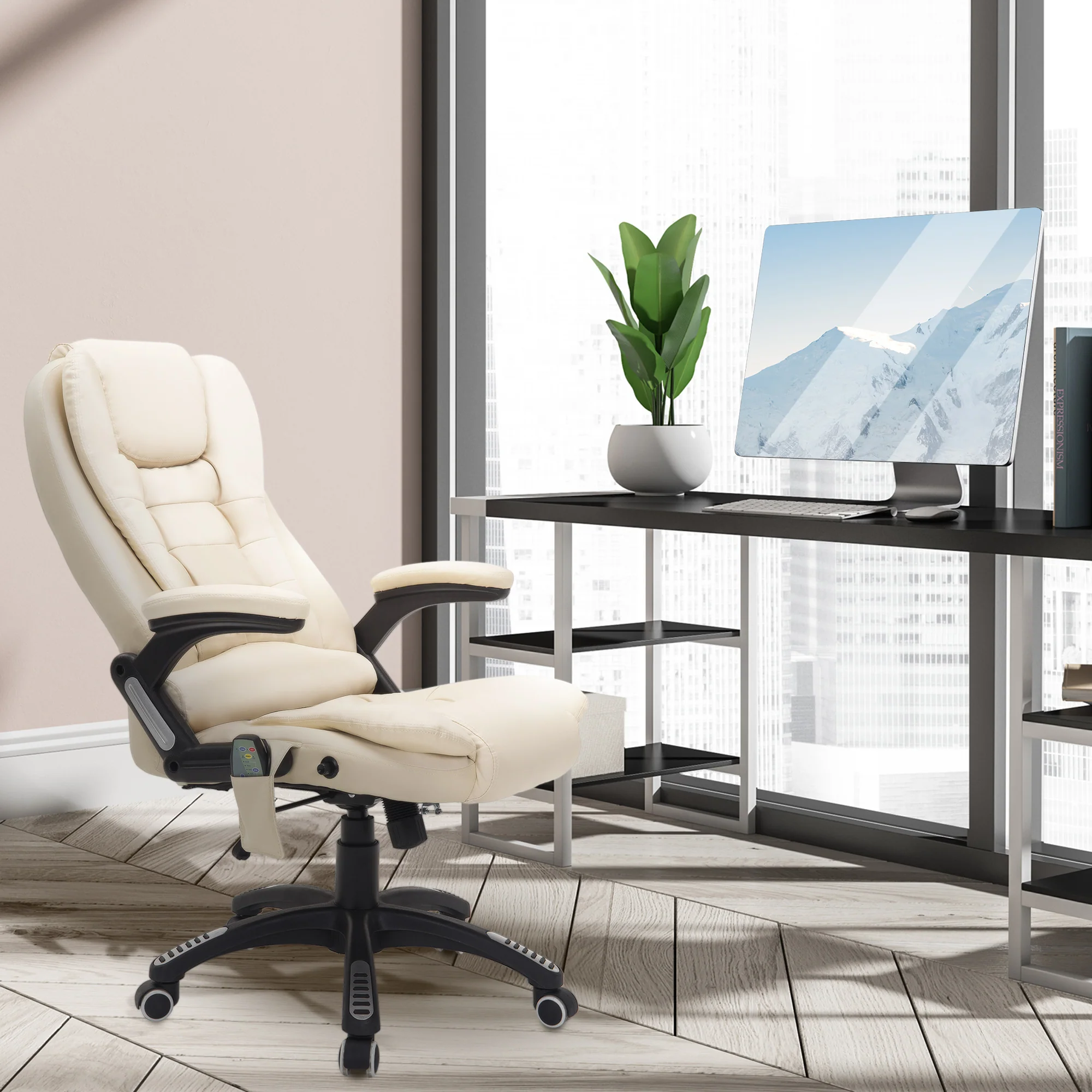 Executive bureaustoel met massage en verwarming, hoge rug PU-lederen bureaustoel, beige