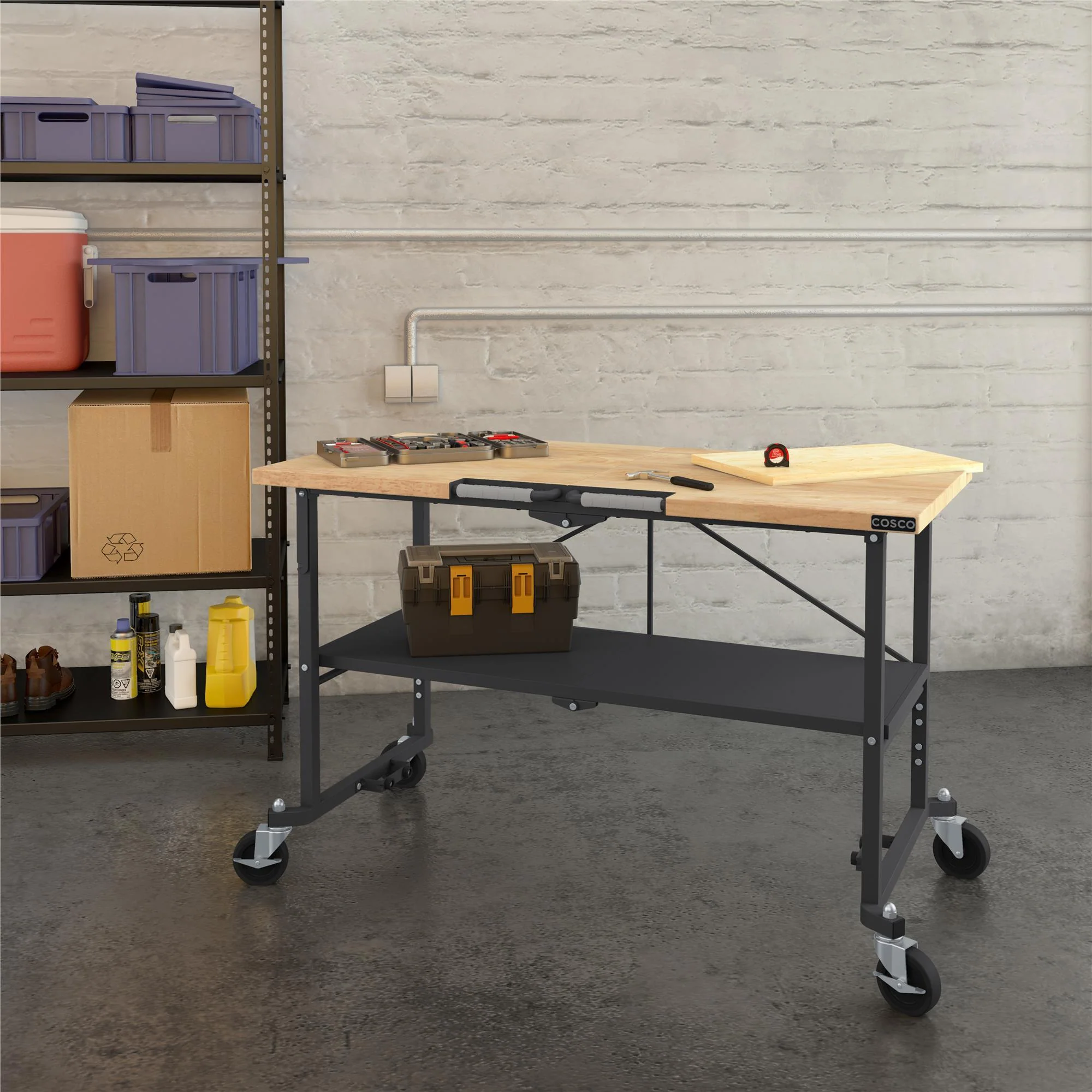 Cosco SmartFold Draagbare Werkbank met Slagersblok / Opklapbare Hulptafel (Grijze Stalen Structuur)