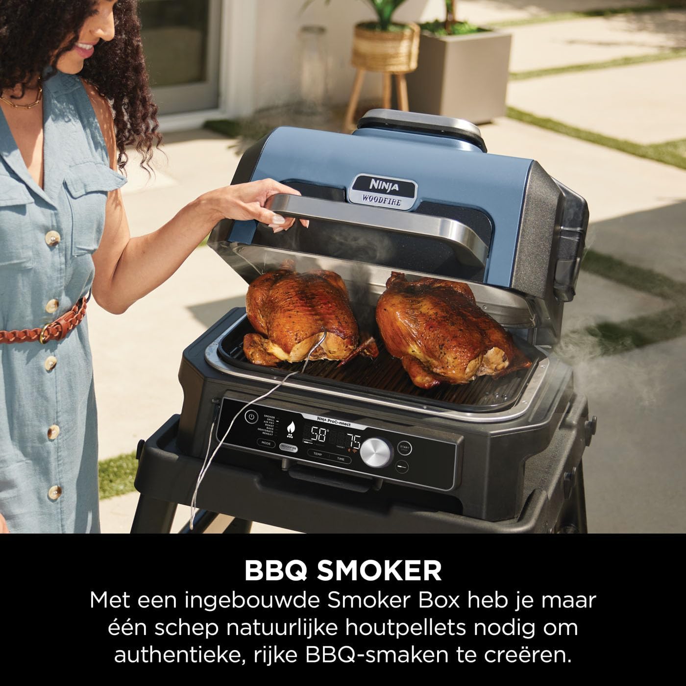 Ninja Woodfire Pro Connect XL Electric BBQ Grill & Smoker with App Control, Digital Sensor, Large 7-in-1 Grill & Air Fryer with Wood Fire Pellets, Weatherproof, Black OG901EU