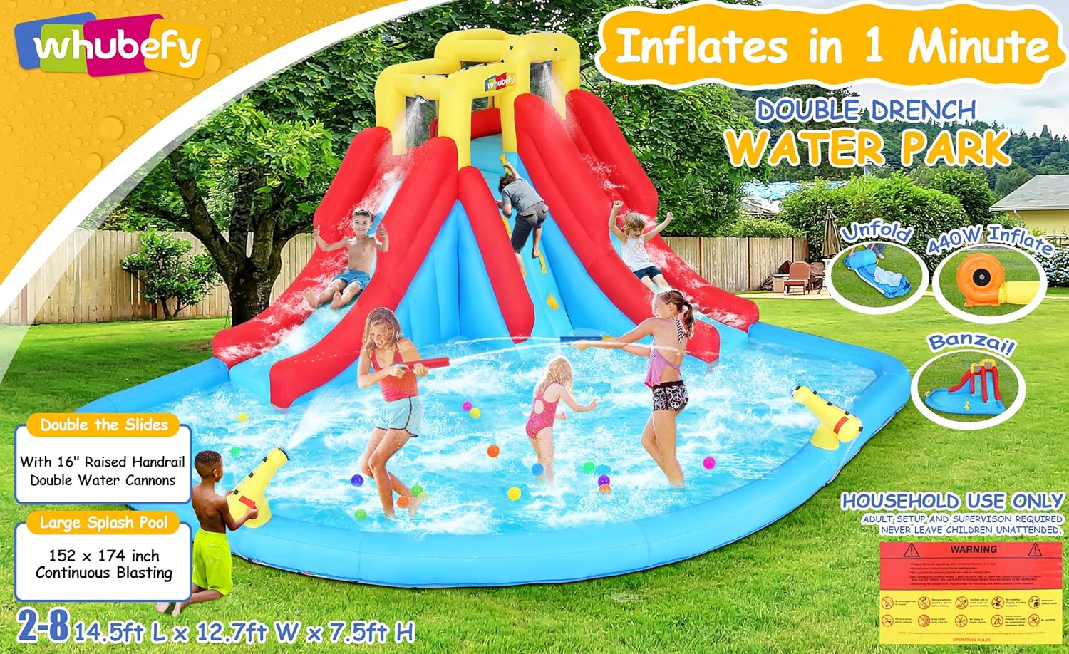 Opblaasbare waterspeeltoestellen voor kinderen 8-in-1: Springkasteel waterpark met 450W blower, klimwand, pierenbadje, 2 waterspuitpistolen, basketbalring, glijbaan, krokodillensproeier �C ideaal als cadeau en voor tuinfeestjes