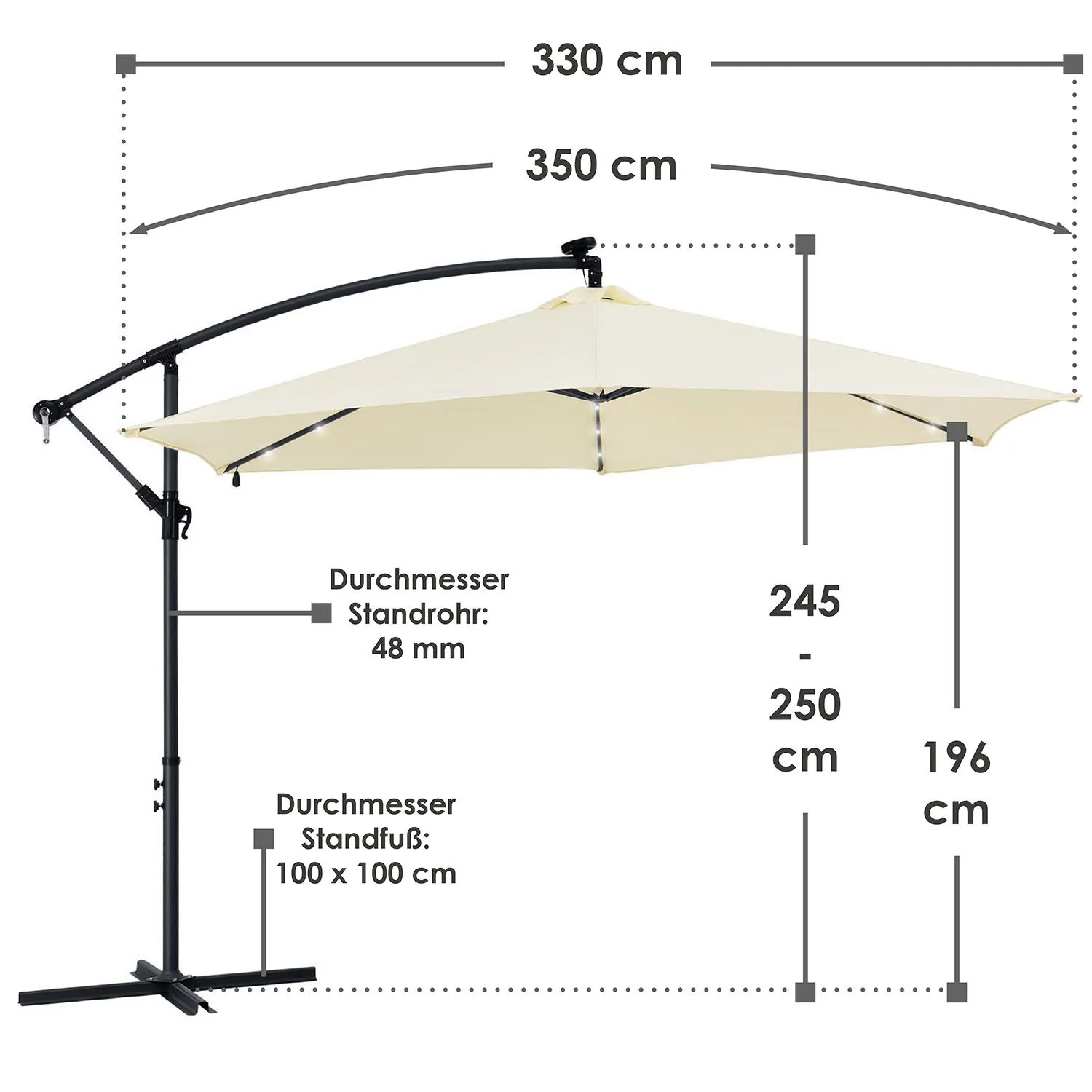 2025 Hangparasol Brazil 3,5 m grijs-cr��me met standaard en handkurbel �C zonbescherming met LED-verlichting
