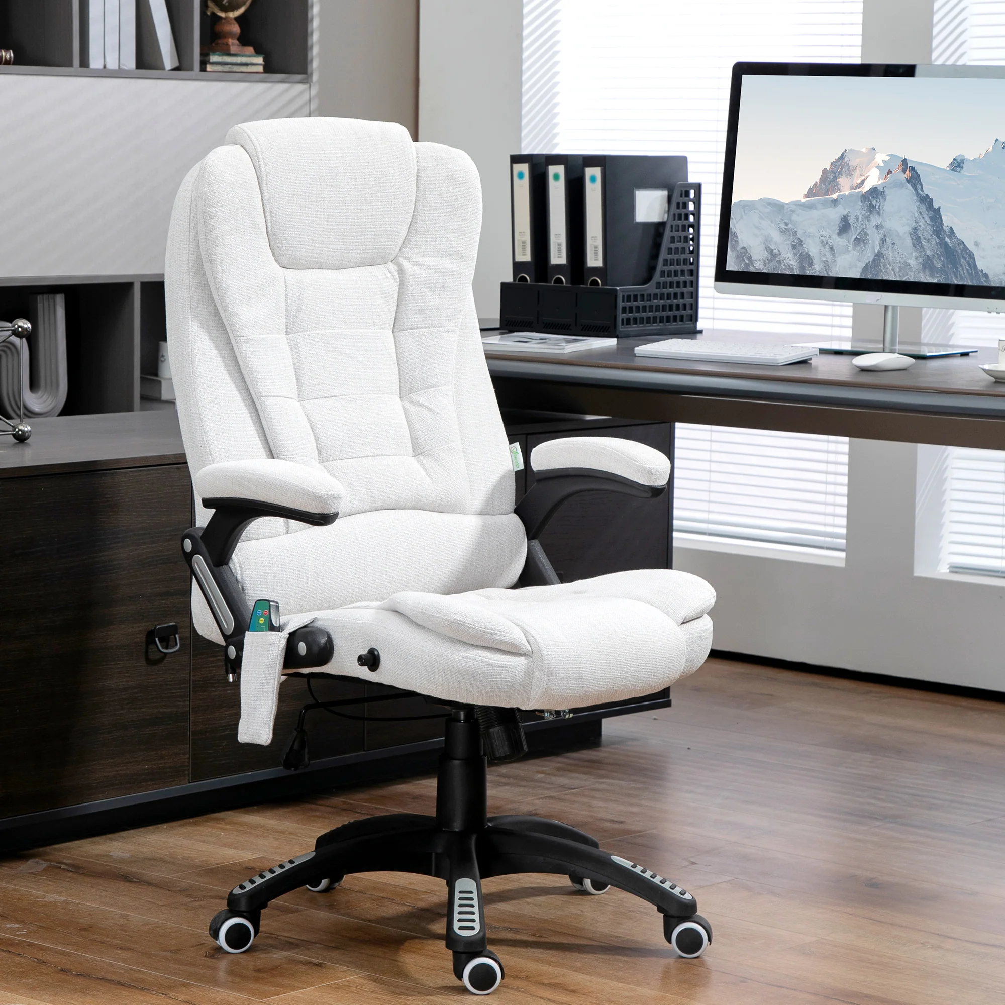 Ergonomische bureaustoel met 6-punts massage en rugverwarming, linnenlook stof, cr��me wit