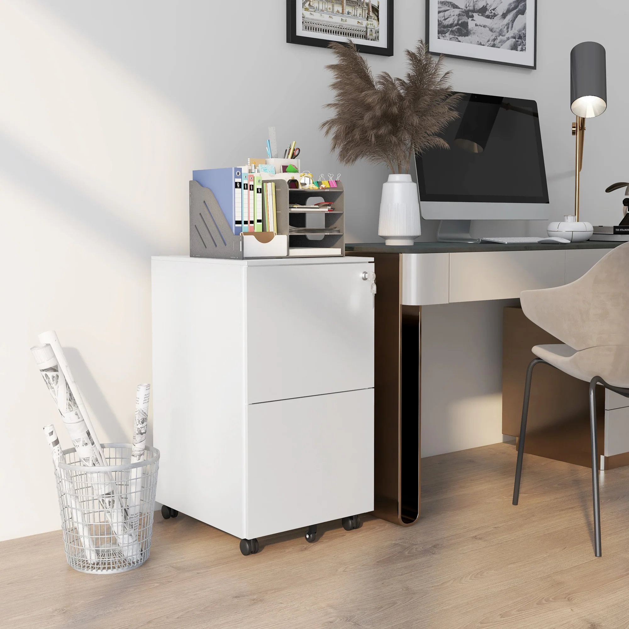 Mobiele stalen archiefkast met 2 laden en slot, lage bureaula, wit