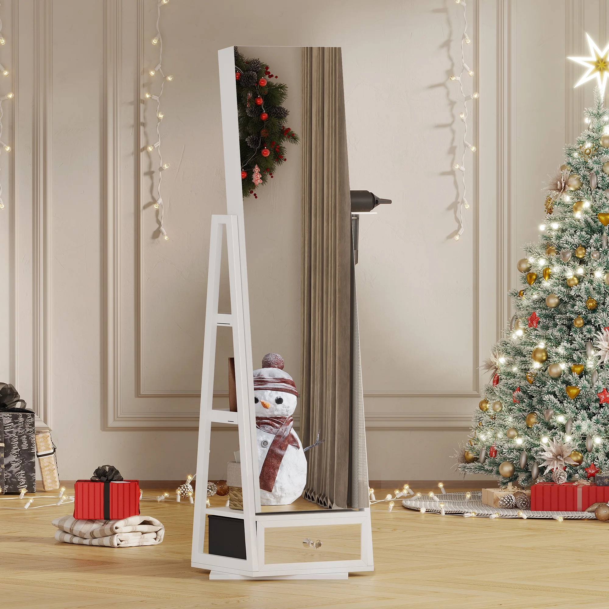 LVSOMT 360�� Draaibare Sieradendoos met Verlichting, Staande Sieradenorganizer met Slot, Spiegel over de Hele Lengte en Sieradenopbergkast, Wit