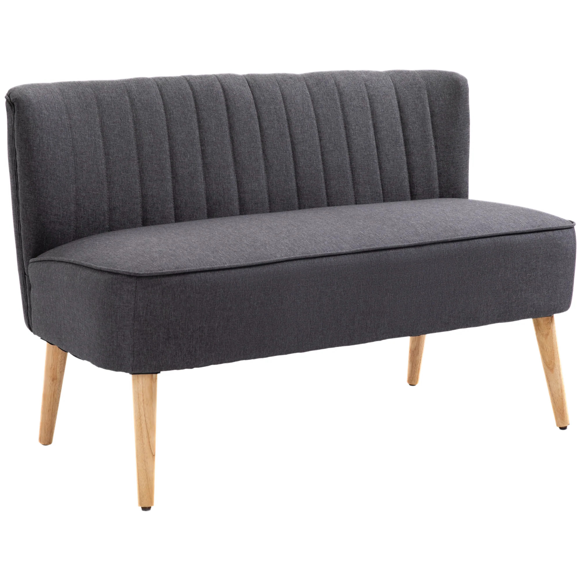 Modern linnen tweezitsbankje, compact bankje met vulling en houten poten, grijs