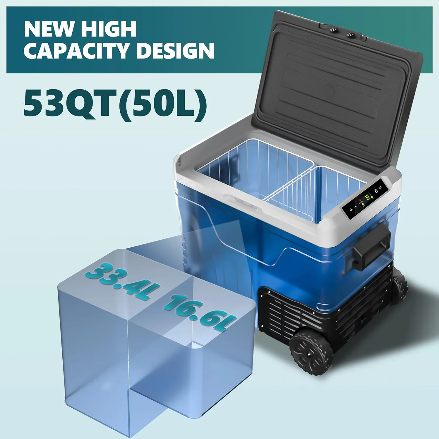 12 Volt Refrigerator, 53QT(50L) Electric Cooler, Portable Freezer 12V/24V DC 110-240V AC, 12V Fridge -4H~68H, 12V Cooler with Wheels & 2 Baskets for Travel, Truck, Boat, Camping