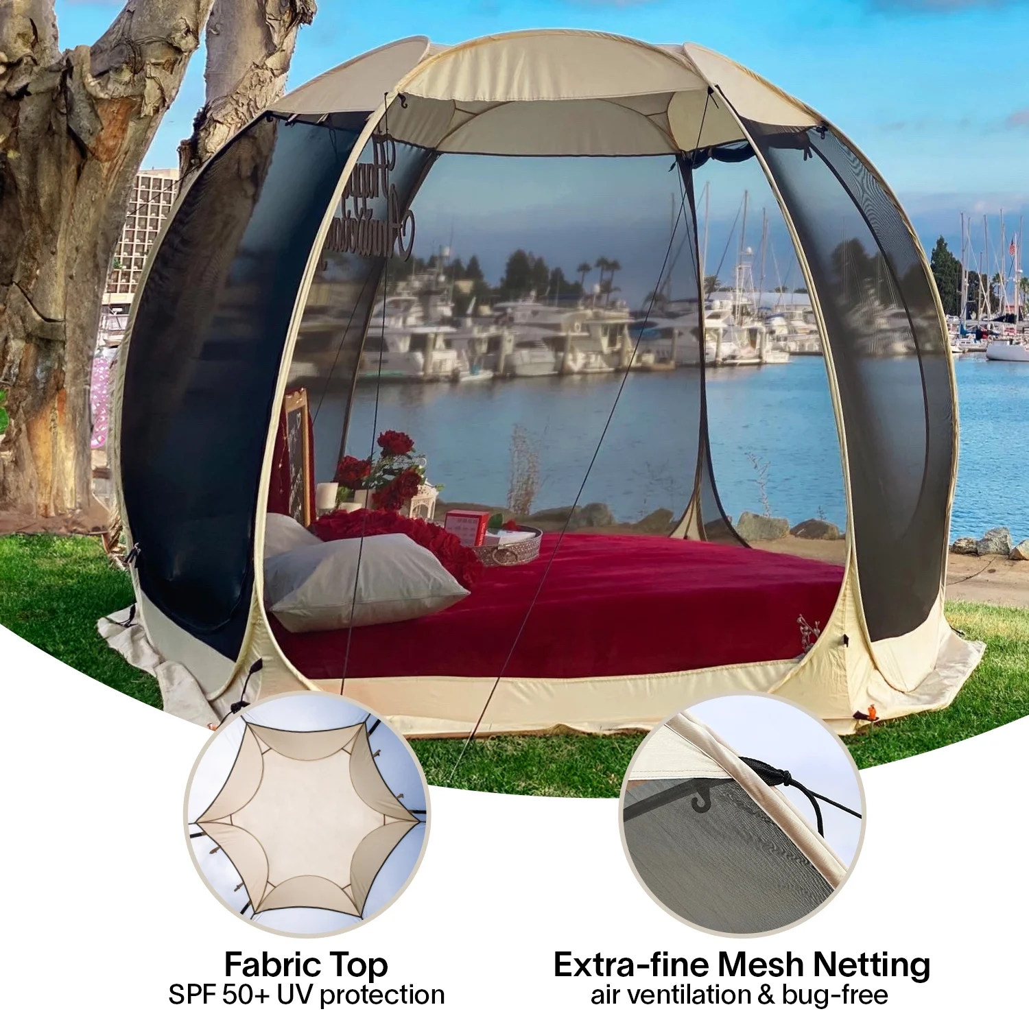 10x10 Muskietennet voor Familie Campingtent Buiten, Uitschuifbaar Voordak, Paviljoen voor Restaurants