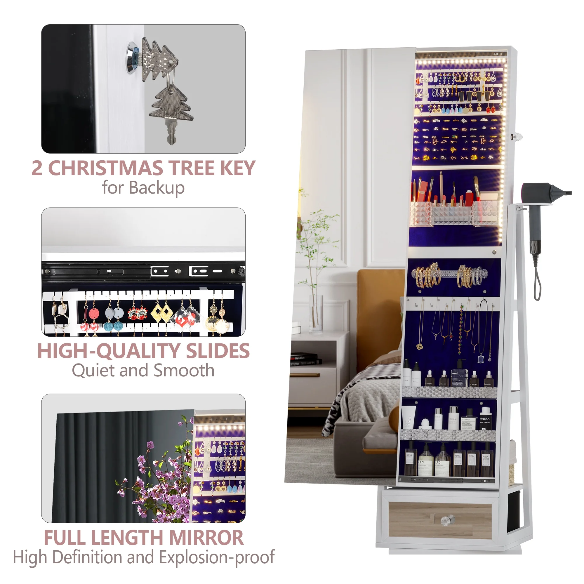 LVSOMT 360�� Draaibare Sieradendoos met Verlichting, Staande Sieradenorganizer met Slot, Spiegel over de Hele Lengte en Sieradenopbergkast, Wit