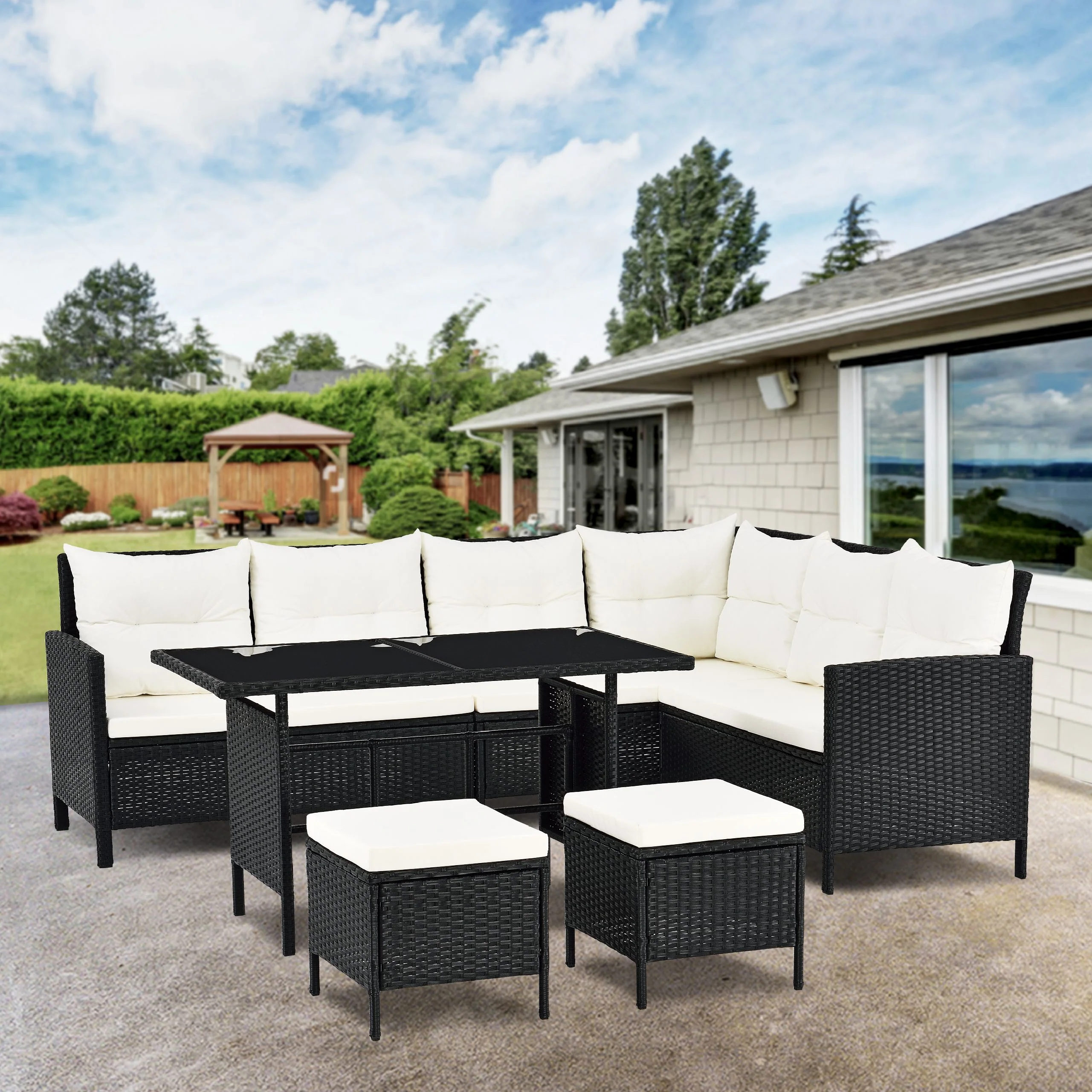 2025 Stijlvolle zwarte Polyrattan lounge Manacor met tafel, 2 krukken en donkergrijze hoezen