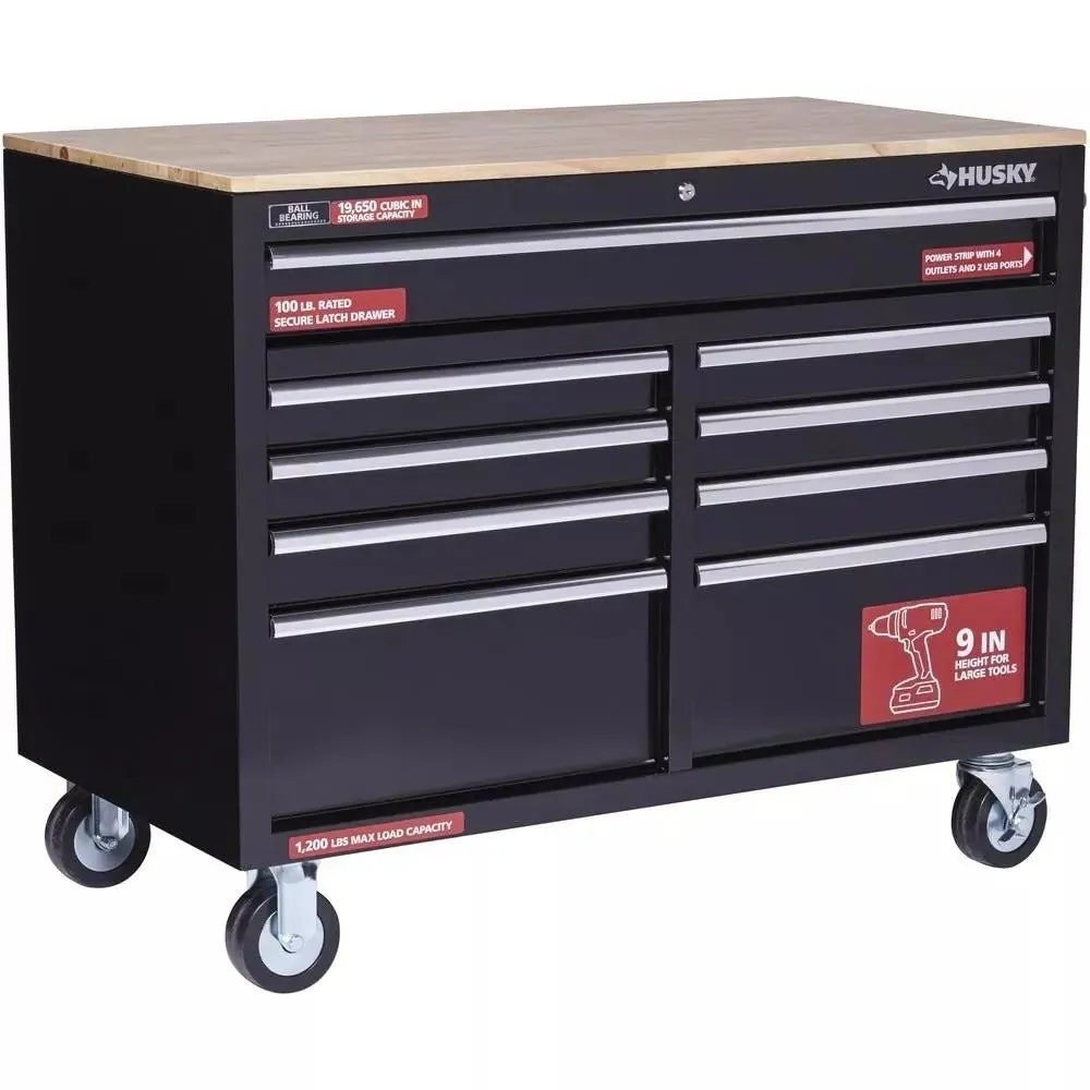 46 inch B x 24 inch D 9-laden hoogglans zwarte diepe gereedschapskist mobiele werkbank