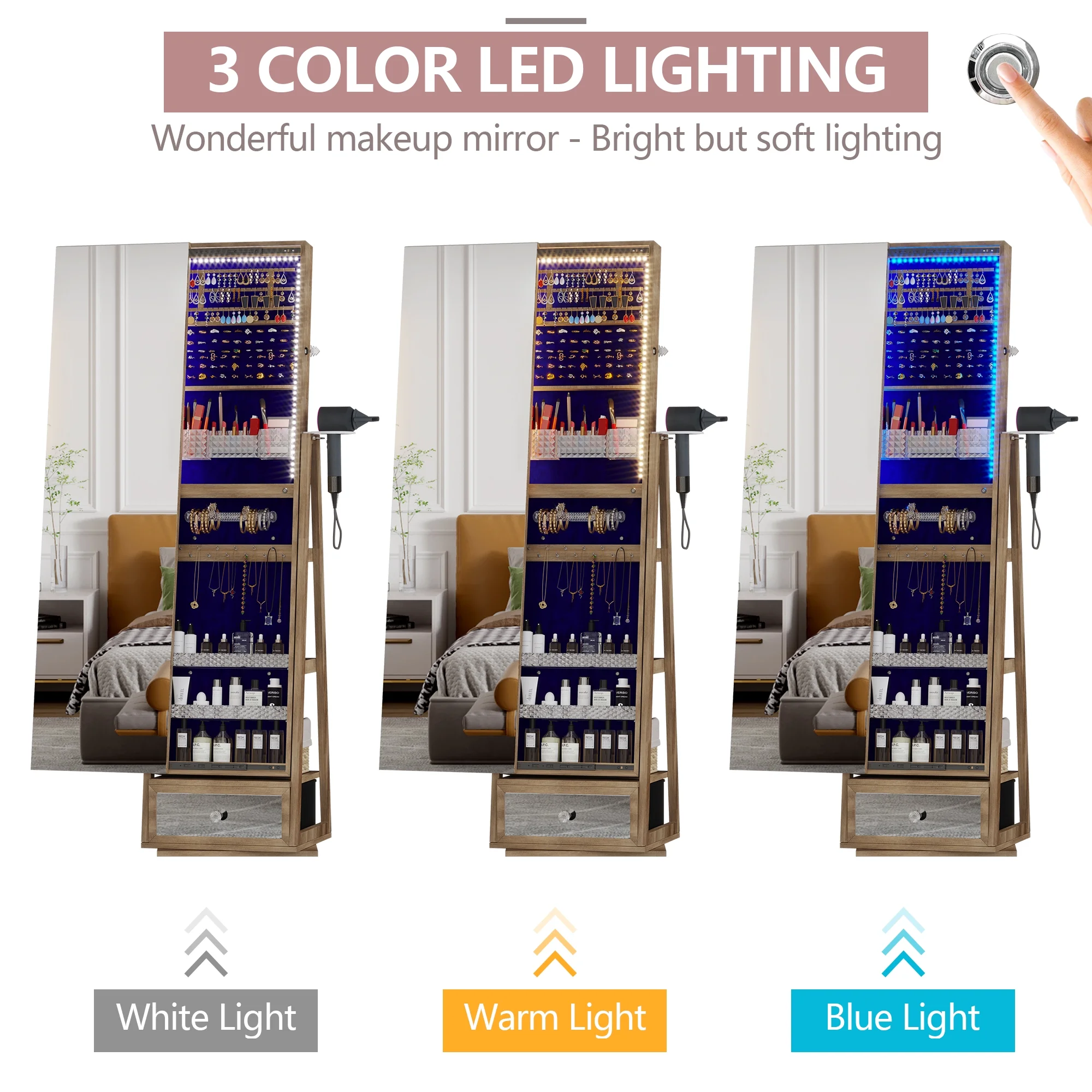 360�� Sieradekast met Spiegel, LED-verlichting en Slot �C Bruine Kleur