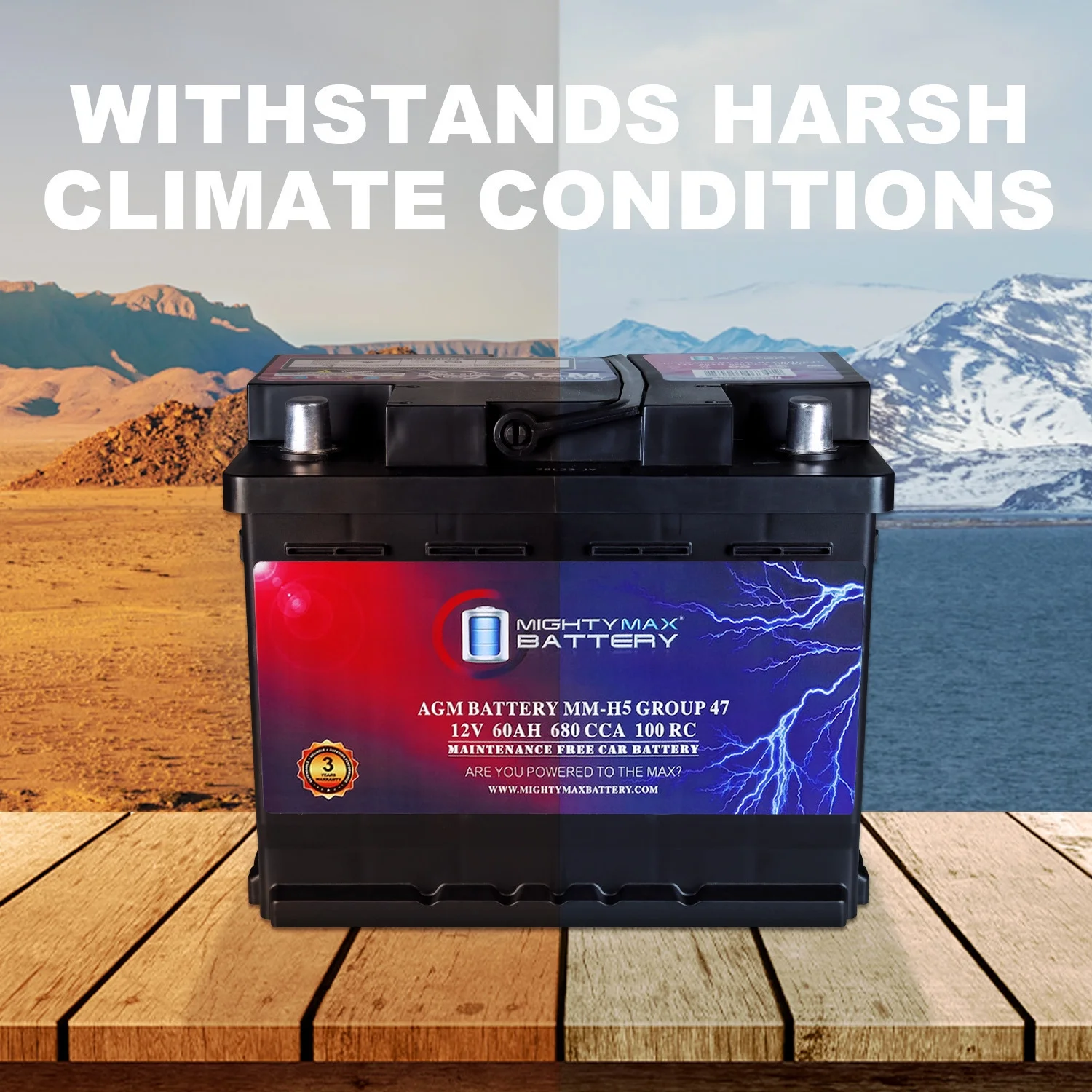 Oplaadbare autobatterij MM-H5 start-stop, BCI maat groep 47, 12 V 60 AH, 100 RC, 680 CCA, AGM-technologie.