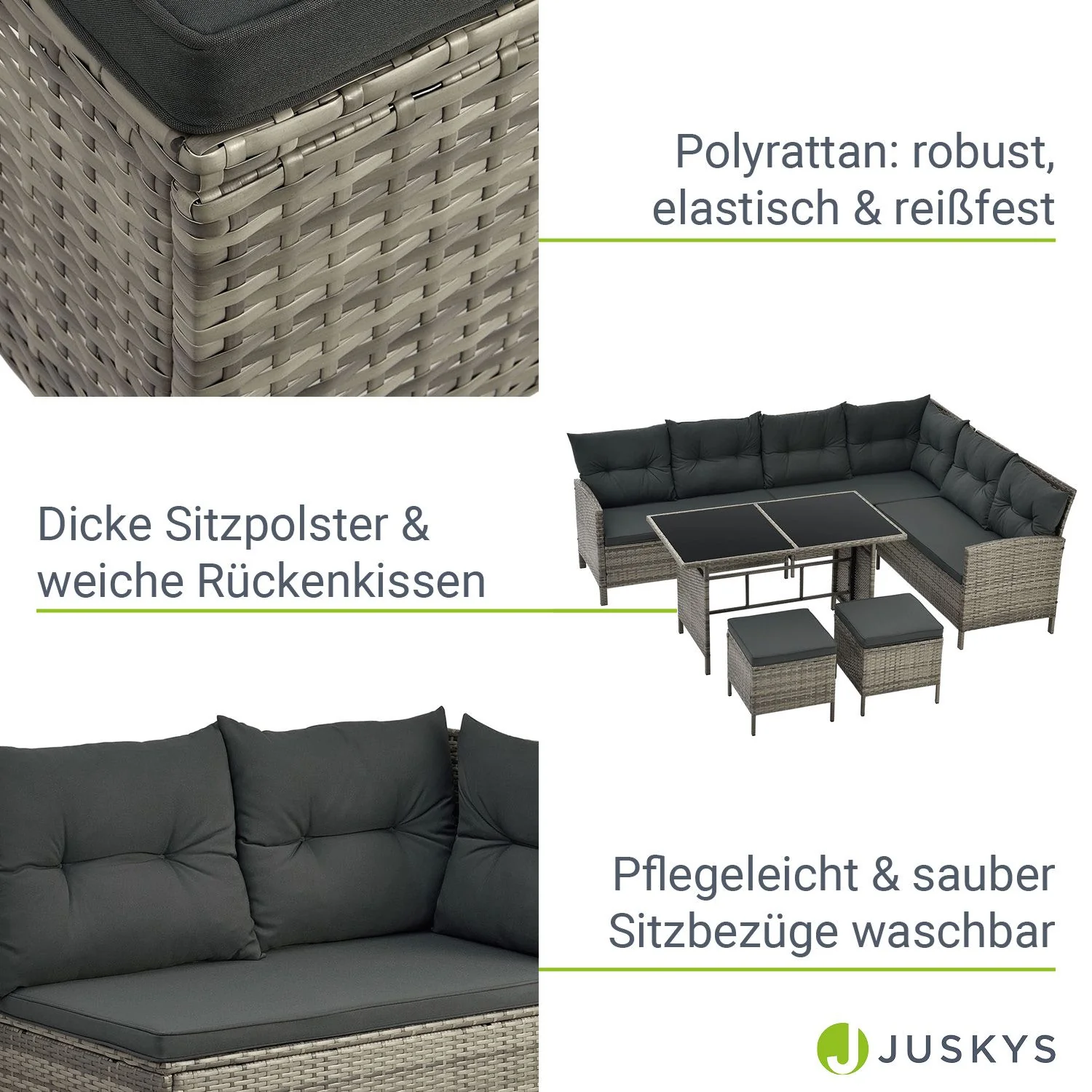 2025 Stijlvolle zwarte Polyrattan lounge Manacor met tafel, 2 krukken en donkergrijze hoezen