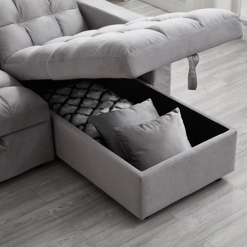 2025 Luxe Velvet Hoekbedbank met Kussen | Rechthoekige Chaise, Uittrekbaar Bed en Opbergruimte �C SKU: BT2480B