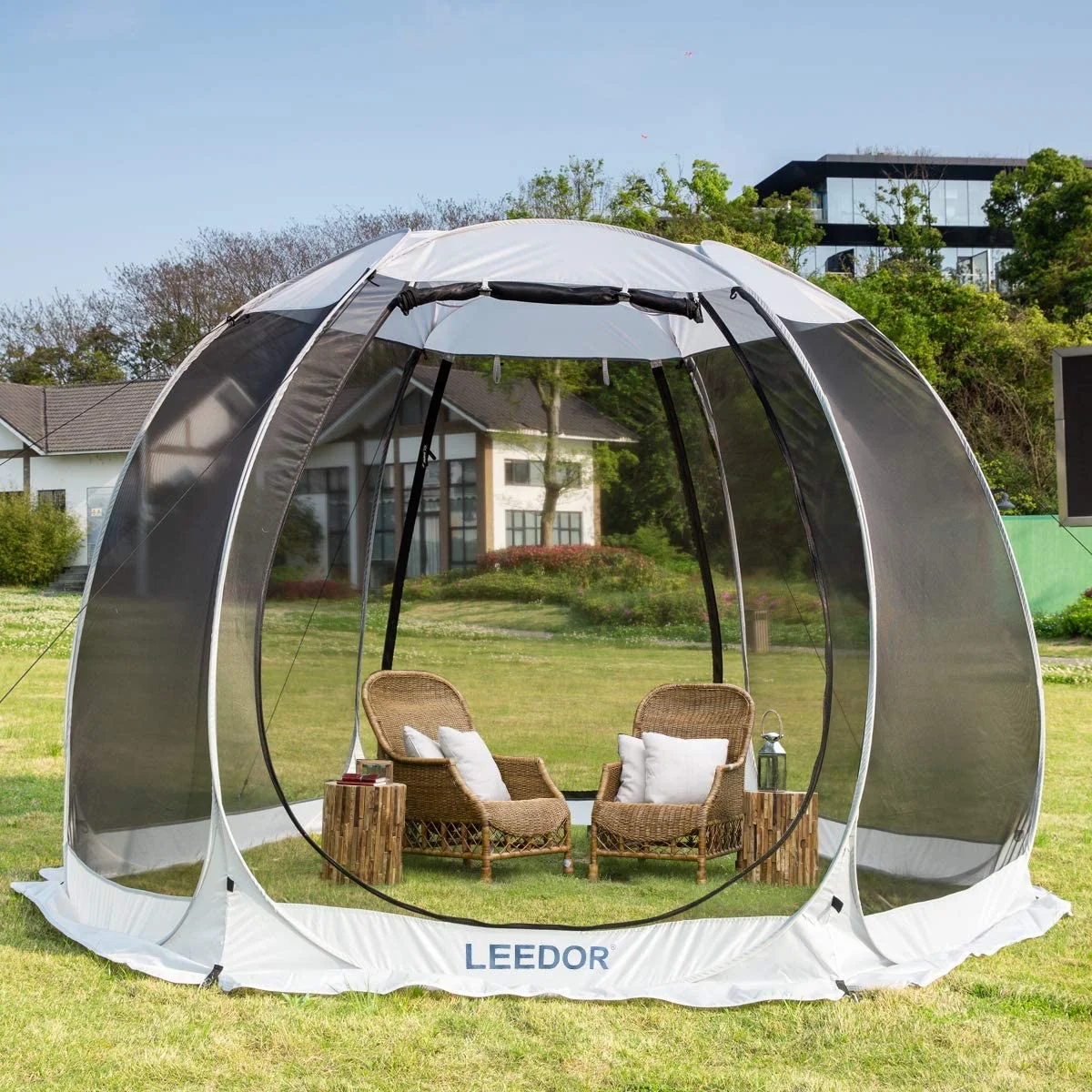 Leedor Instant Shelter met Muskietennet, Outdoor Paviljoen voor Terras, Zonnescherm 3m x 3m, Grijs